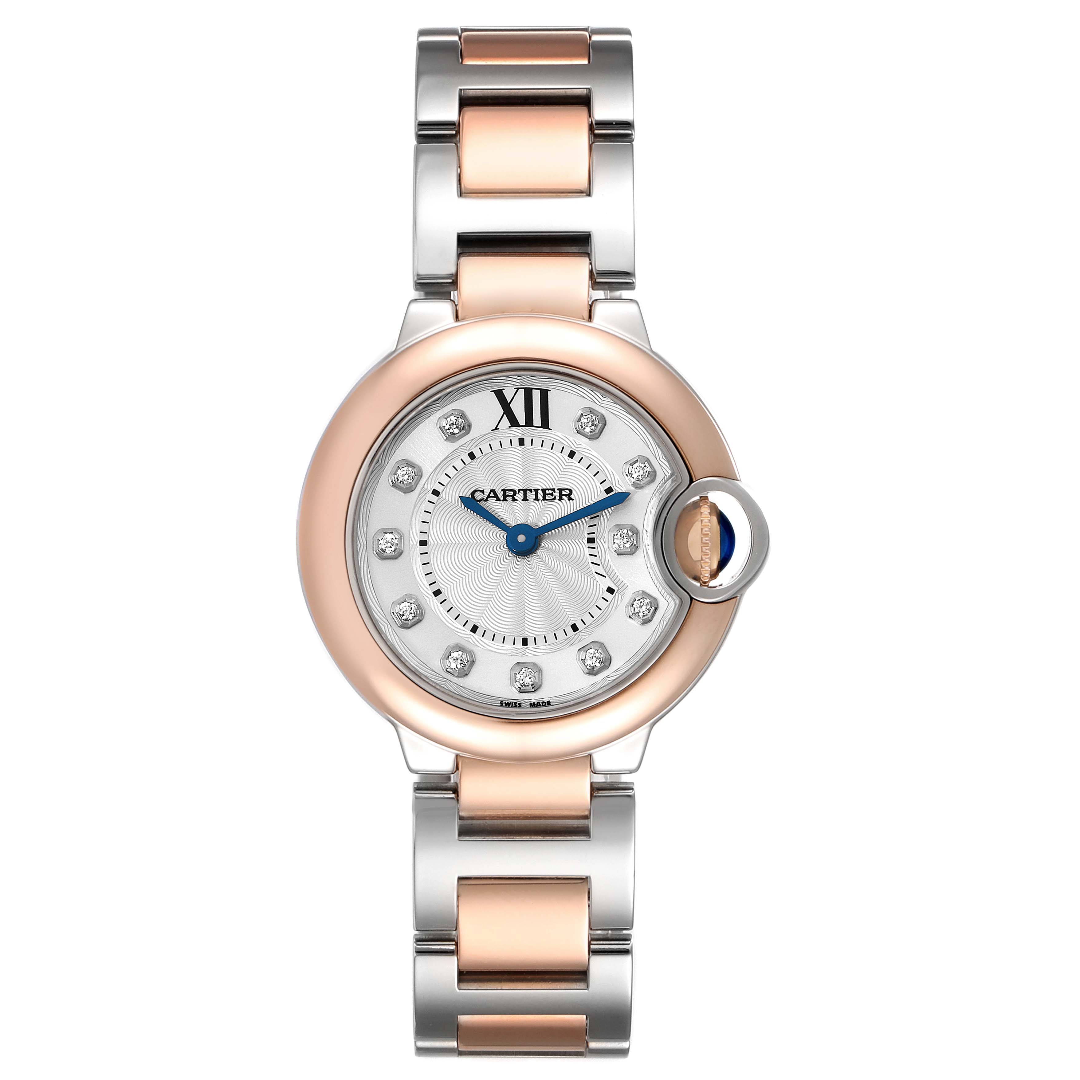 This image shows a Ballon Bleu de Cartier watch from a front angle, displaying its face, dial, and metal band.