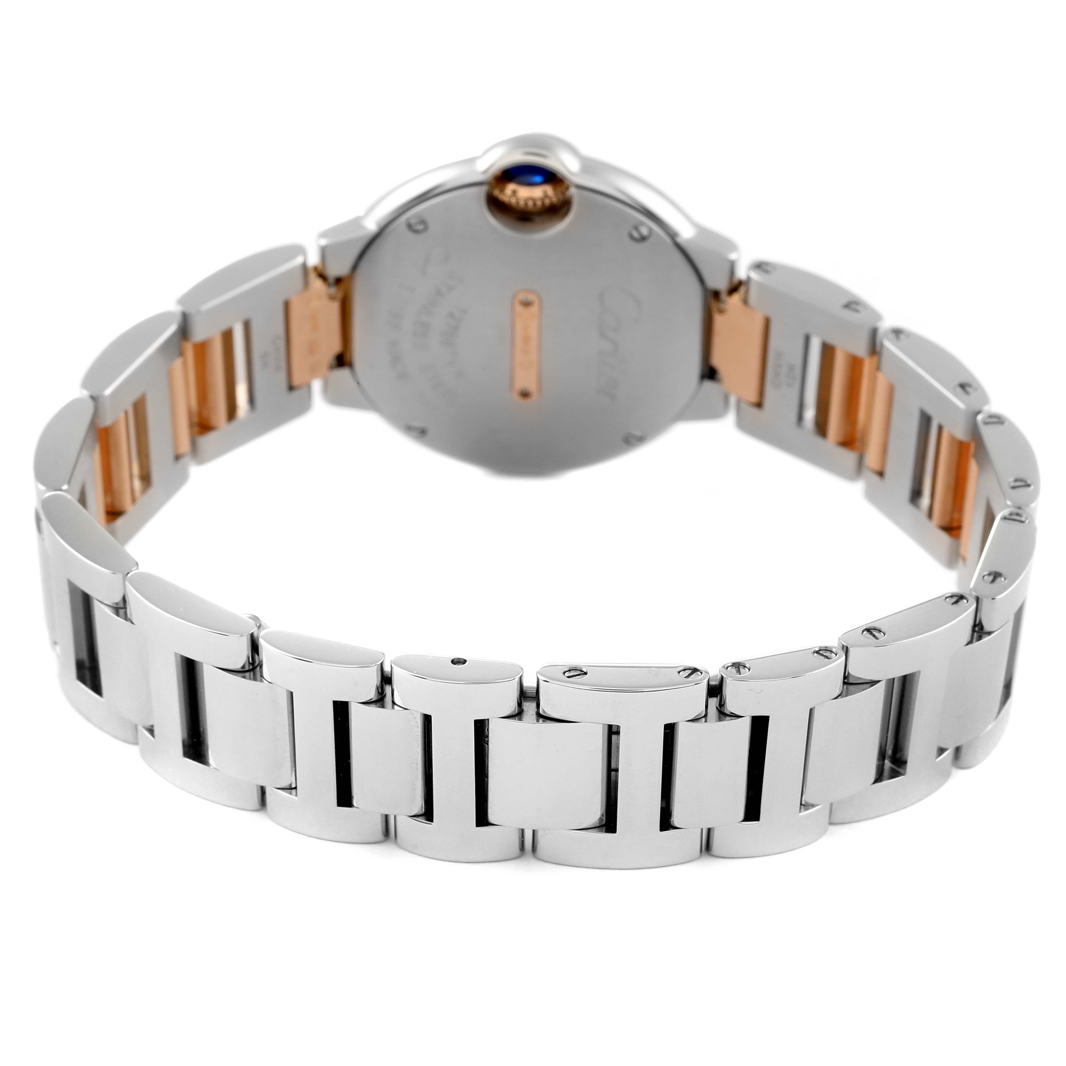 The image shows the back case and bracelet of a Cartier Ballon Bleu W3BB0005 Women's Steel and Gold (two tone) Silver Dial W3BB0005 Women's Steel and Gold (two tone) Silver Dial watch, highlighting the clasp and links.