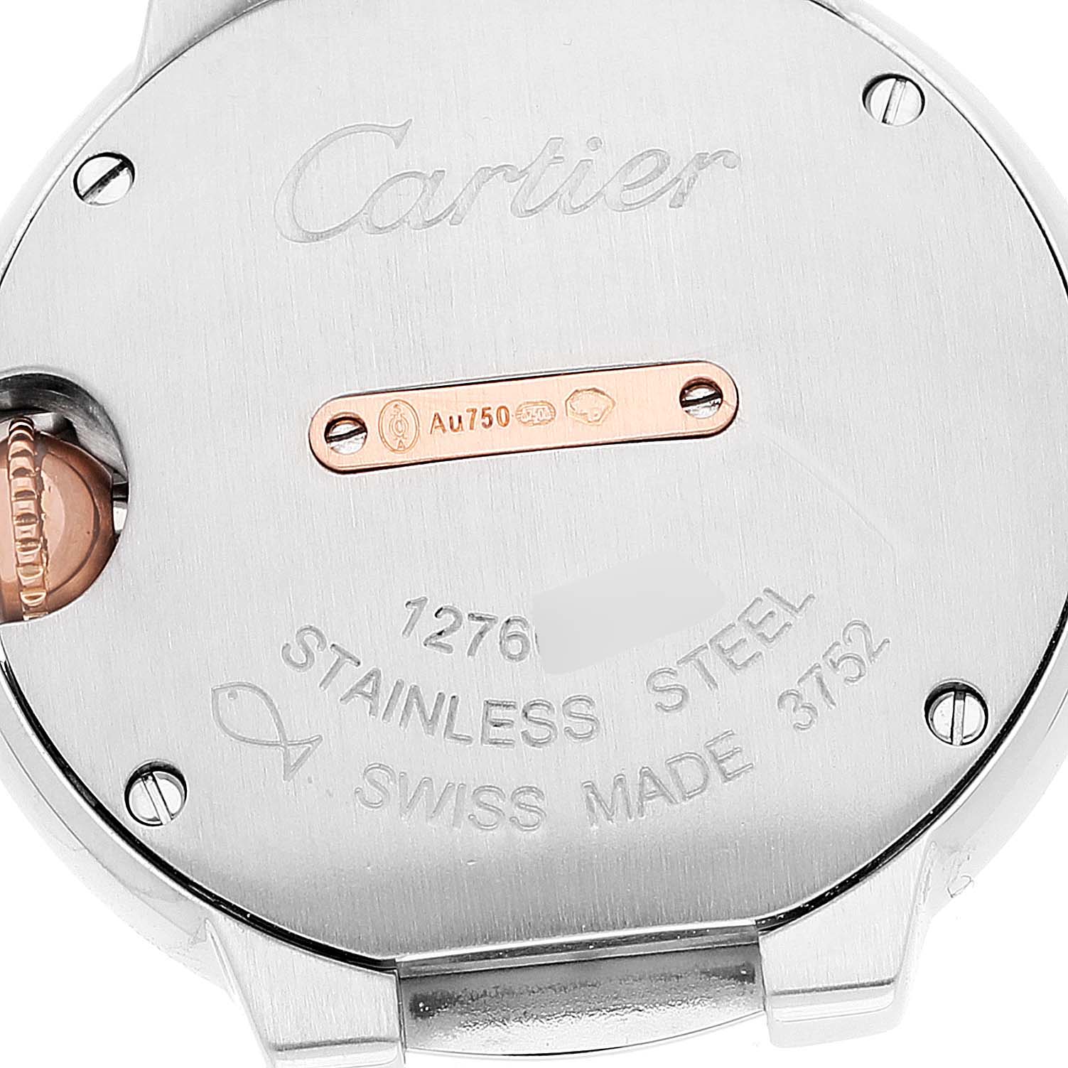 The image shows the back of a Cartier Ballon Bleu W3BB0005 Women's Steel and Gold (two tone) Silver Dial W3BB0005 Women's Steel and Gold (two tone) Silver Dial watch, highlighting the engraved markings and crown detail.