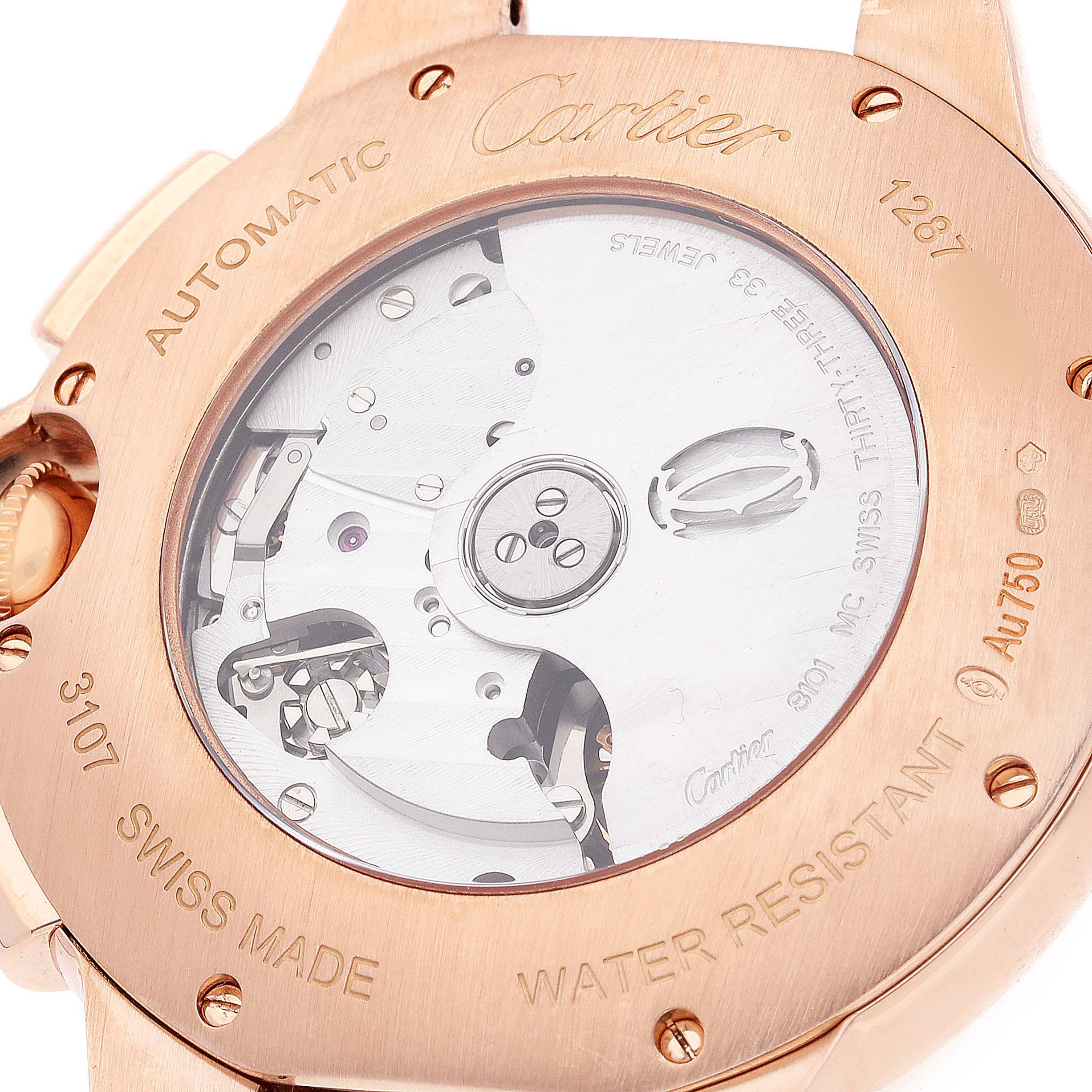 This image shows the back of the Cartier Ballon Bleu W6920008 Men
s Rose Gold Silver Dial W6920008 Men
s Rose Gold Silver Dial watch, displaying its automatic movement and engraved details.