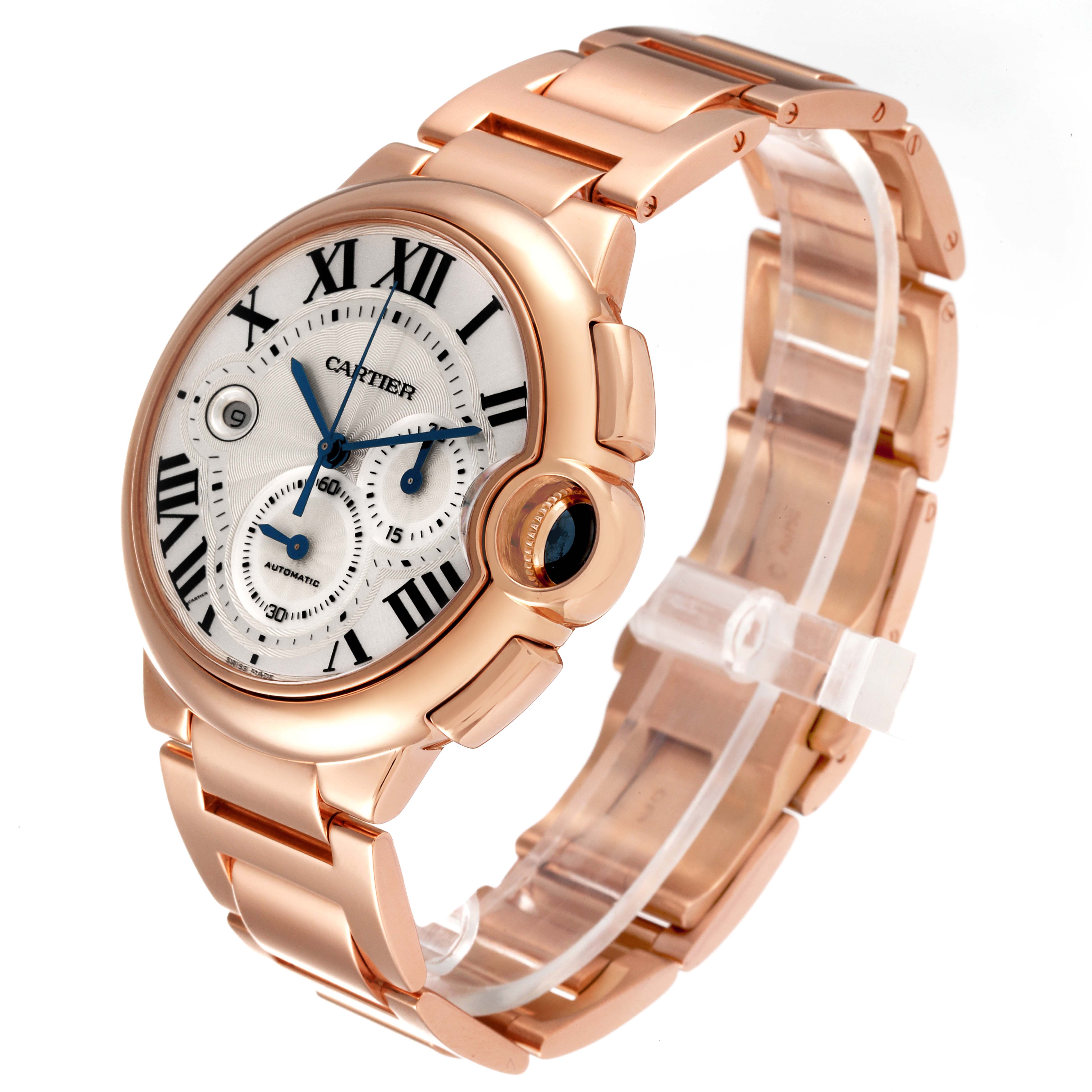 The Ballon Bleu by Cartier watch is shown at an angled side view displaying its face, bracelet, and crown.