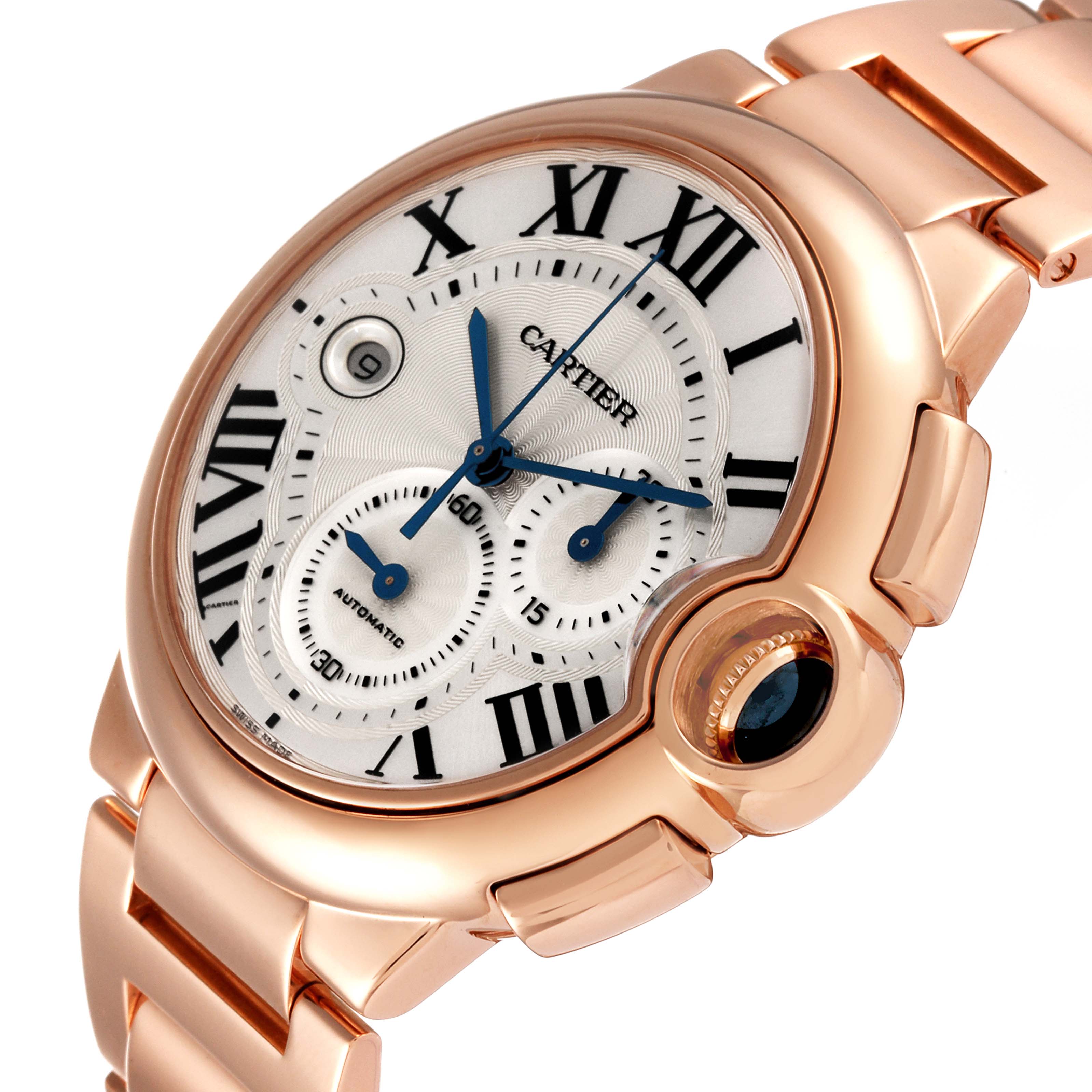 This image shows a Cartier Ballon Bleu W6920008 Men
s Rose Gold Silver Dial W6920008 Men
s Rose Gold Silver Dial watch from an angled view, displaying the face, bezel, and part of the bracelet.