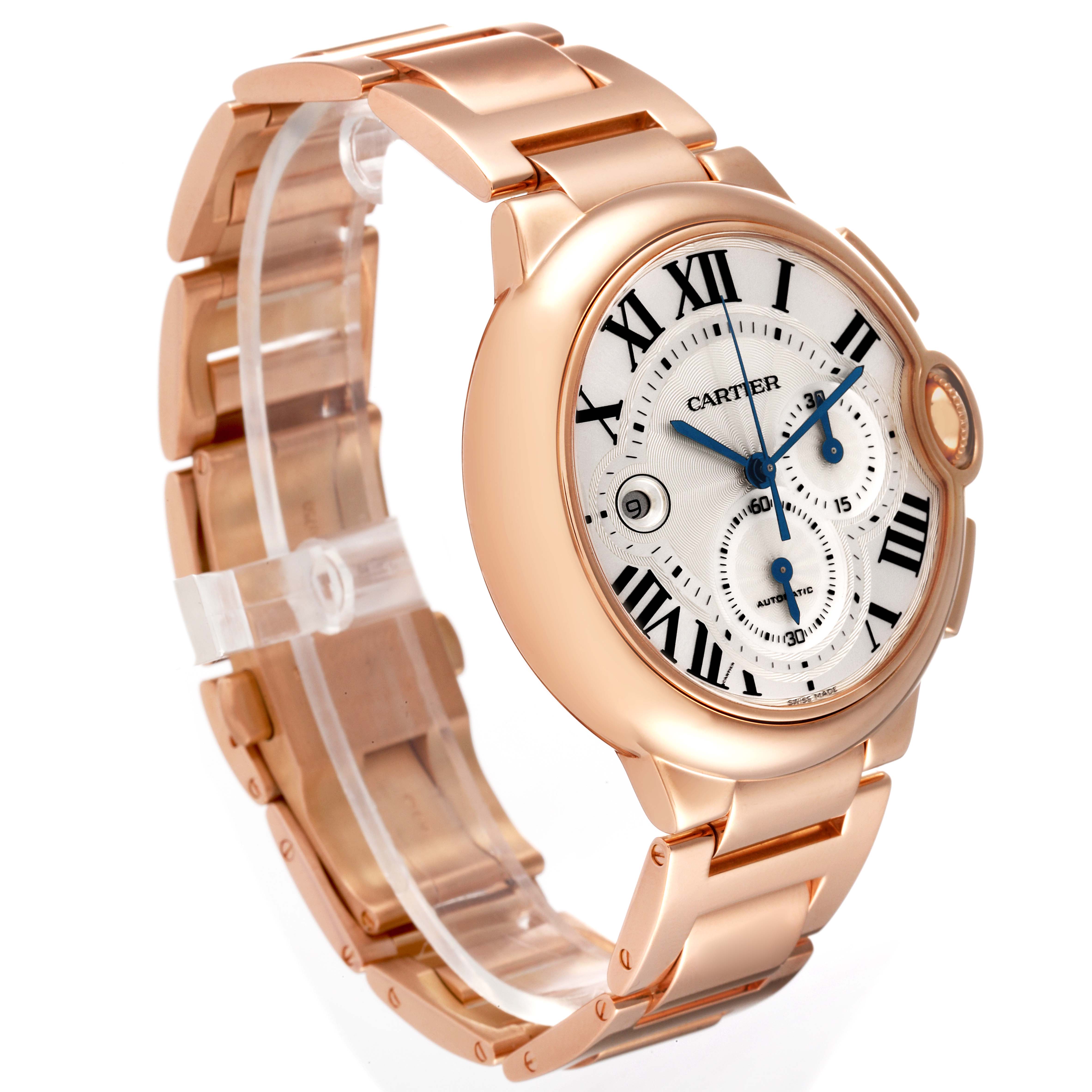 The image shows a rose gold Cartier Ballon Bleu W6920008 Men
s Rose Gold Silver Dial W6920008 Men
s Rose Gold Silver Dial watch at a 3/4 angle, highlighting its case, dial, and bracelet links.