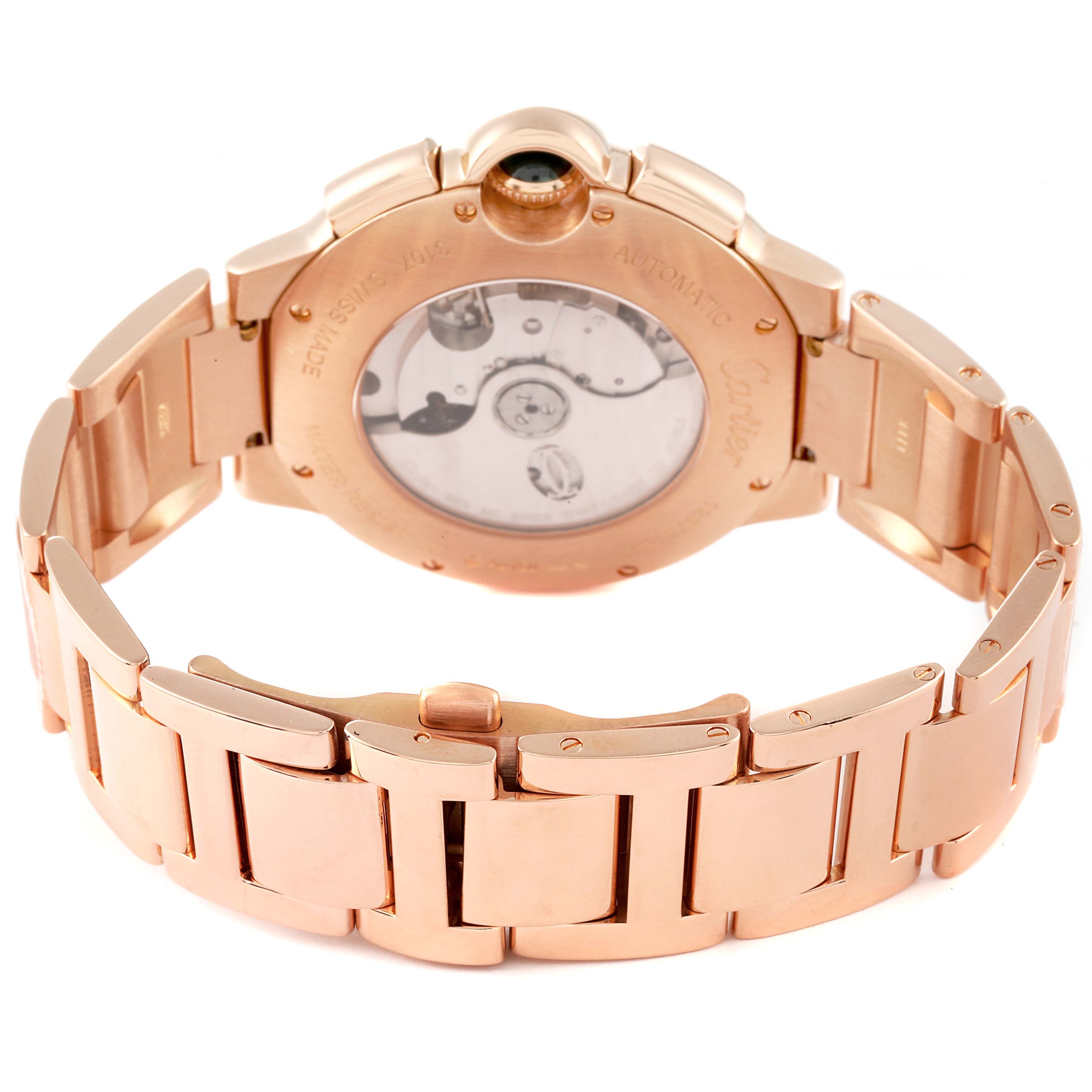 The image shows the back view and bracelet of a Cartier Ballon Bleu W6920008 Men
s Rose Gold Silver Dial W6920008 Men
s Rose Gold Silver Dial watch, displaying the movement through a transparent case back.