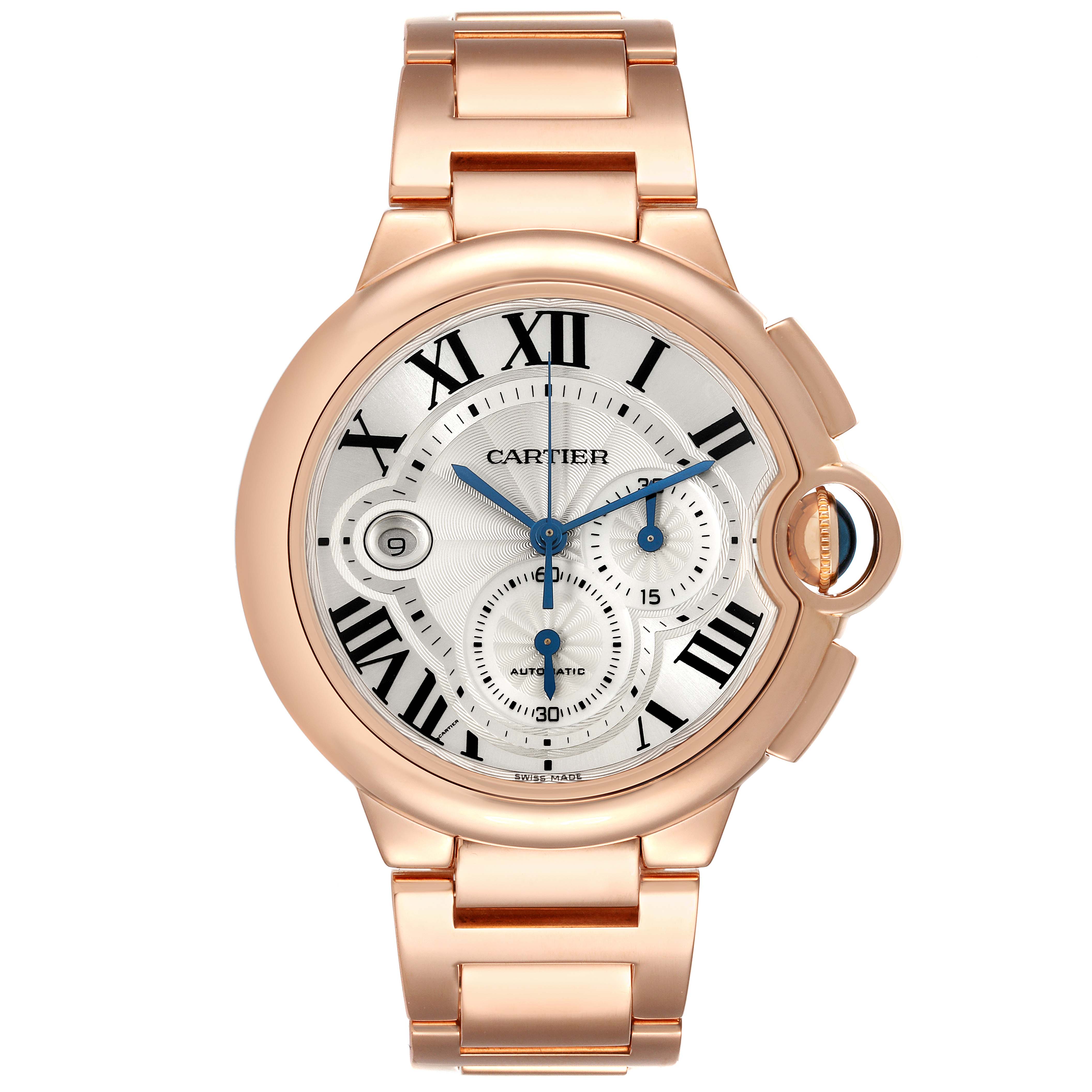This image shows a frontal view of a Cartier Ballon Bleu W6920008 Men
s Rose Gold Silver Dial W6920008 Men
s Rose Gold Silver Dial watch, highlighting the face, bezel, and bracelet.