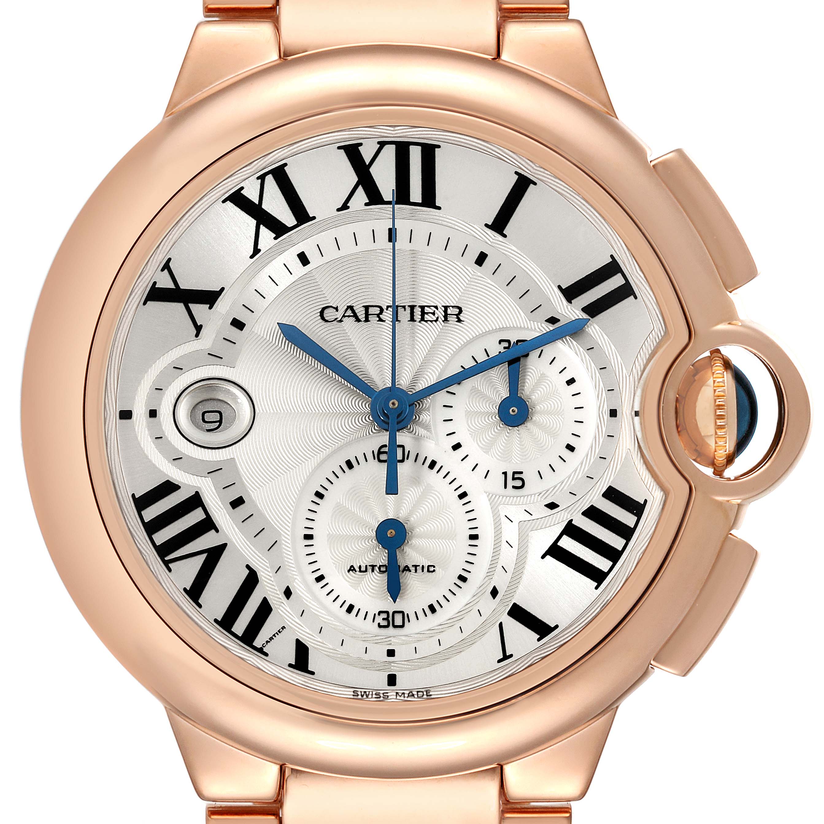 The image shows a close-up, front view of the Cartier Ballon Bleu W6920008 Men
s Rose Gold Silver Dial W6920008 Men
s Rose Gold Silver Dial model watch, highlighting its face, dial, and crown.