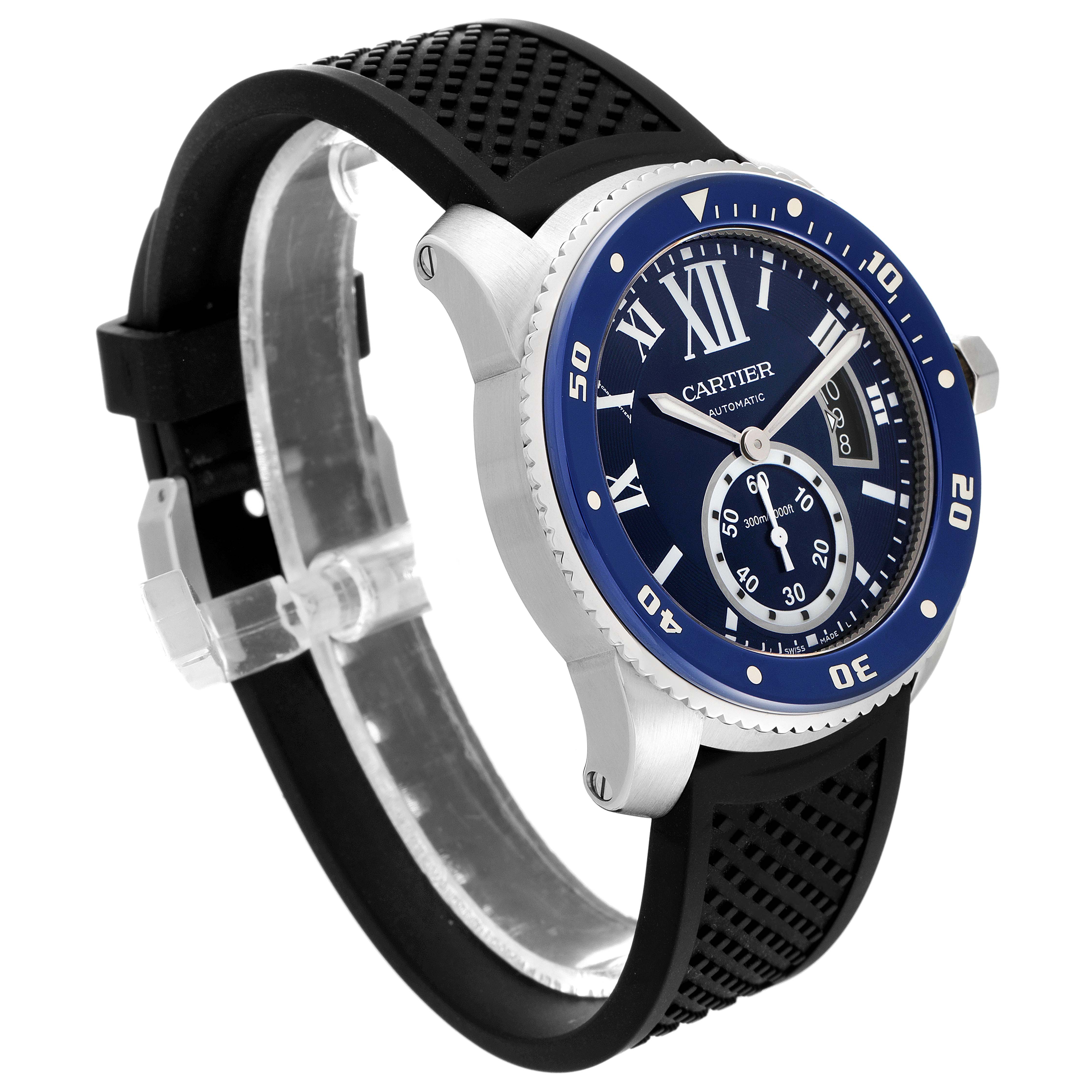 This image shows a Calibre de Cartier watch by Cartier from a front-side angle, highlighting its face, bezel, and strap.