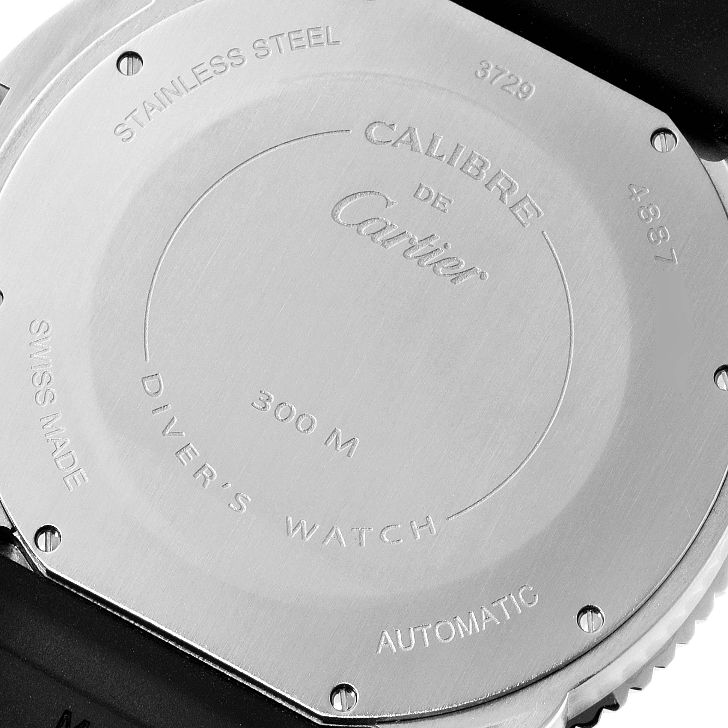 The image shows the back case of a Calibre de Cartier watch by Cartier, highlighting details like material, water resistance, and model information.
