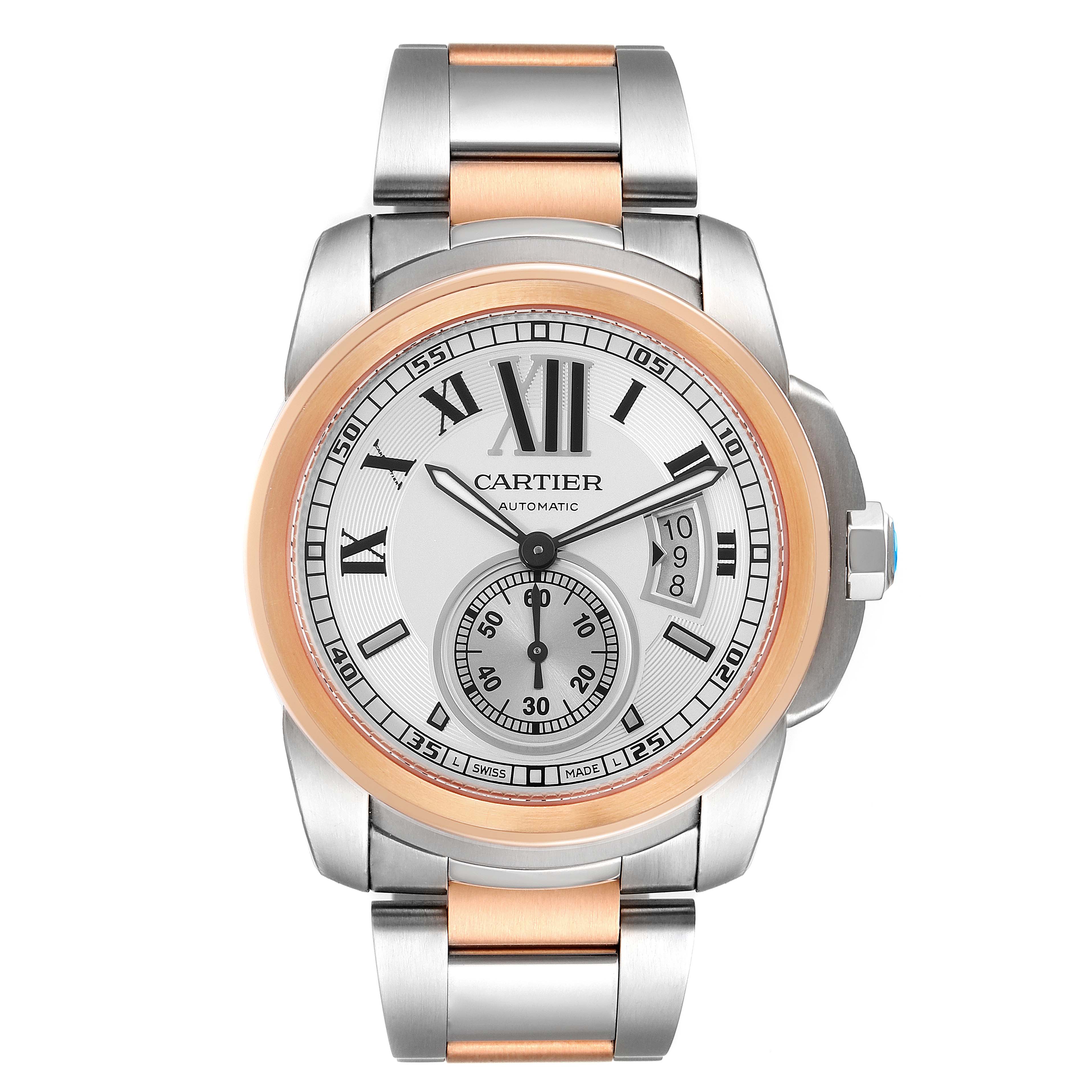 This image shows a front view of the Calibre de Cartier watch by Cartier, highlighting its dial and two-tone metal bracelet.