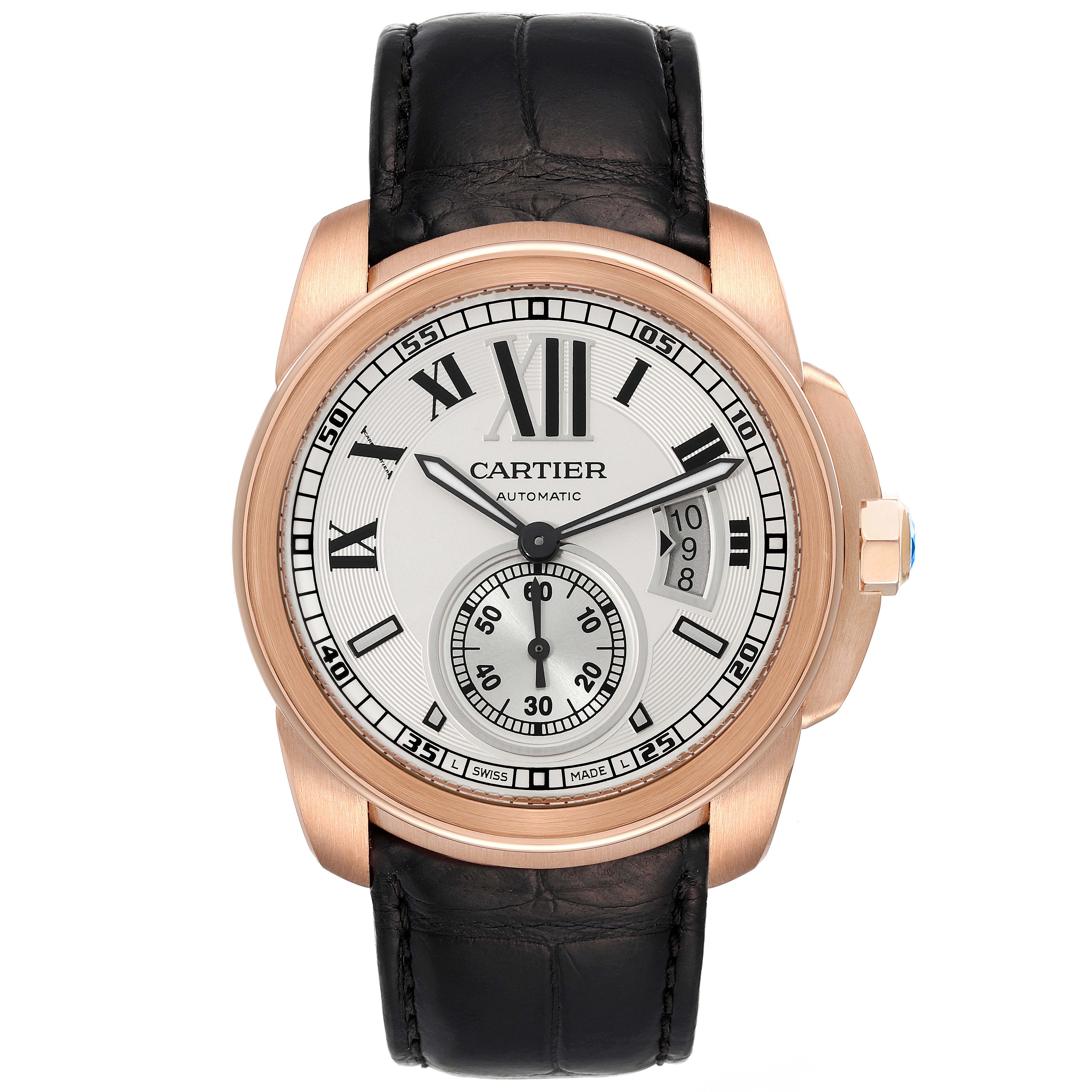 The image shows a front view of a Calibre de Cartier watch by Cartier, highlighting the dial, case, and black leather strap.