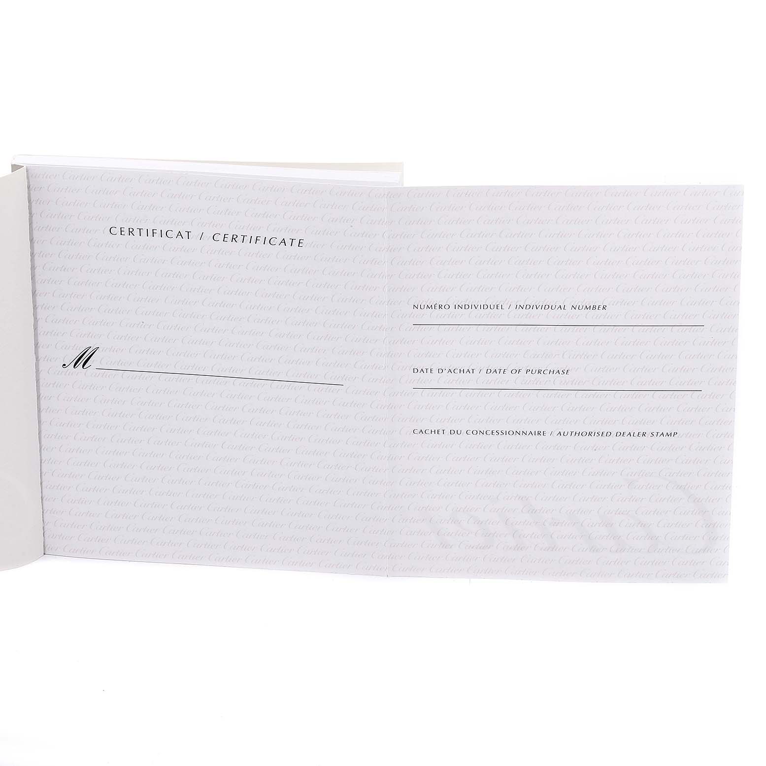 This image shows the certificate booklet for a Calibre de Cartier model by Cartier, displaying fields for individual number, date of purchase, and dealer stamp.