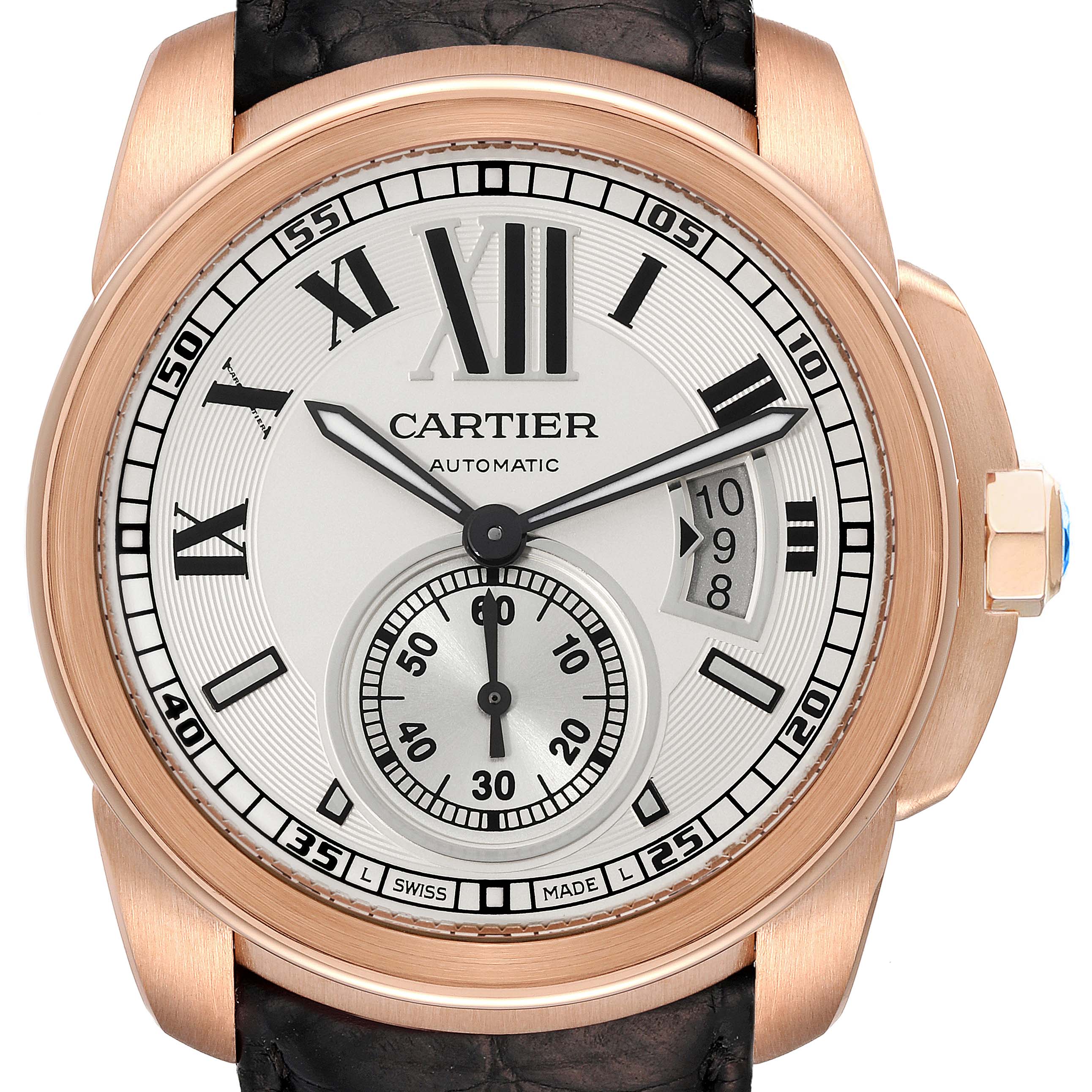 The image shows a front view of a Calibre de Cartier watch by Cartier, highlighting its dial, Roman numerals, and sub-dial.