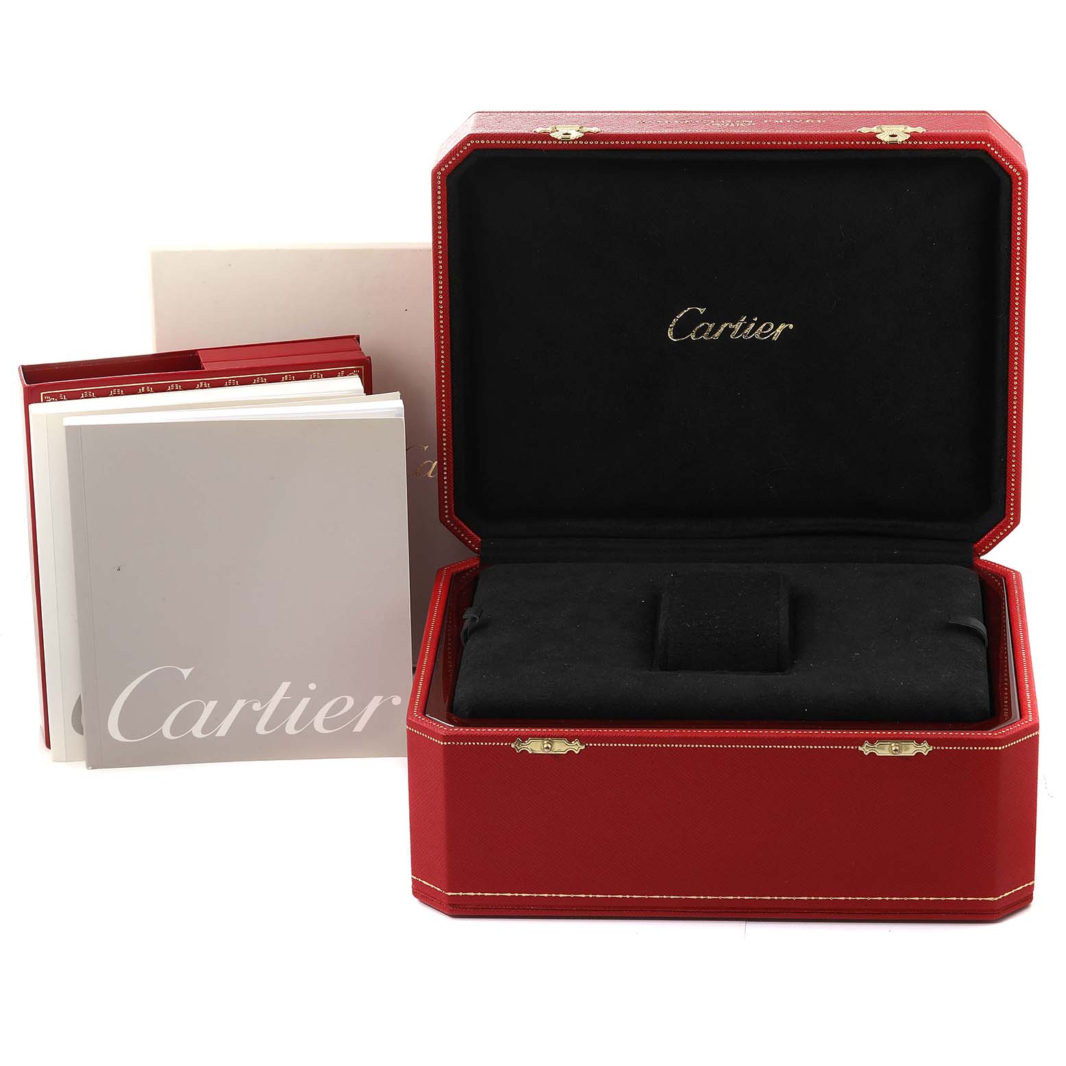 The image shows an open red Cartier box for the Calibre de Cartier watch, along with accompanying booklets.