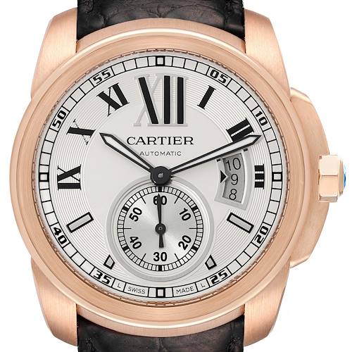 Photo of Cartier Calibre Rose Gold Silver Dial Mens Watch W7100009 Box Papers