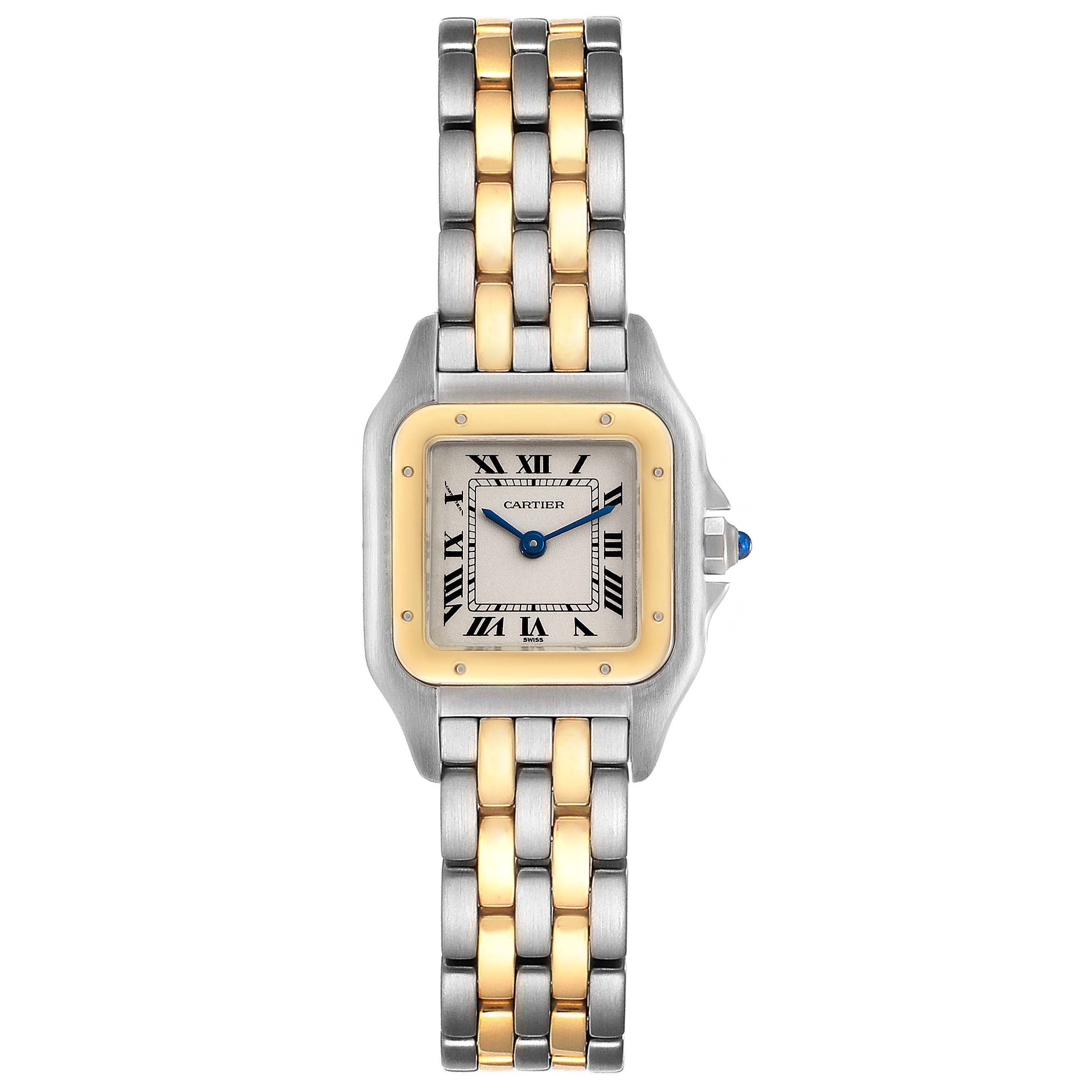 The image shows a front view of a Cartier Panthere W25029B6 Women's Steel and Gold (two tone) Silver Dial W25029B6 Women's Steel and Gold (two tone) Silver Dial watch, displaying its face and two-tone metal bracelet.