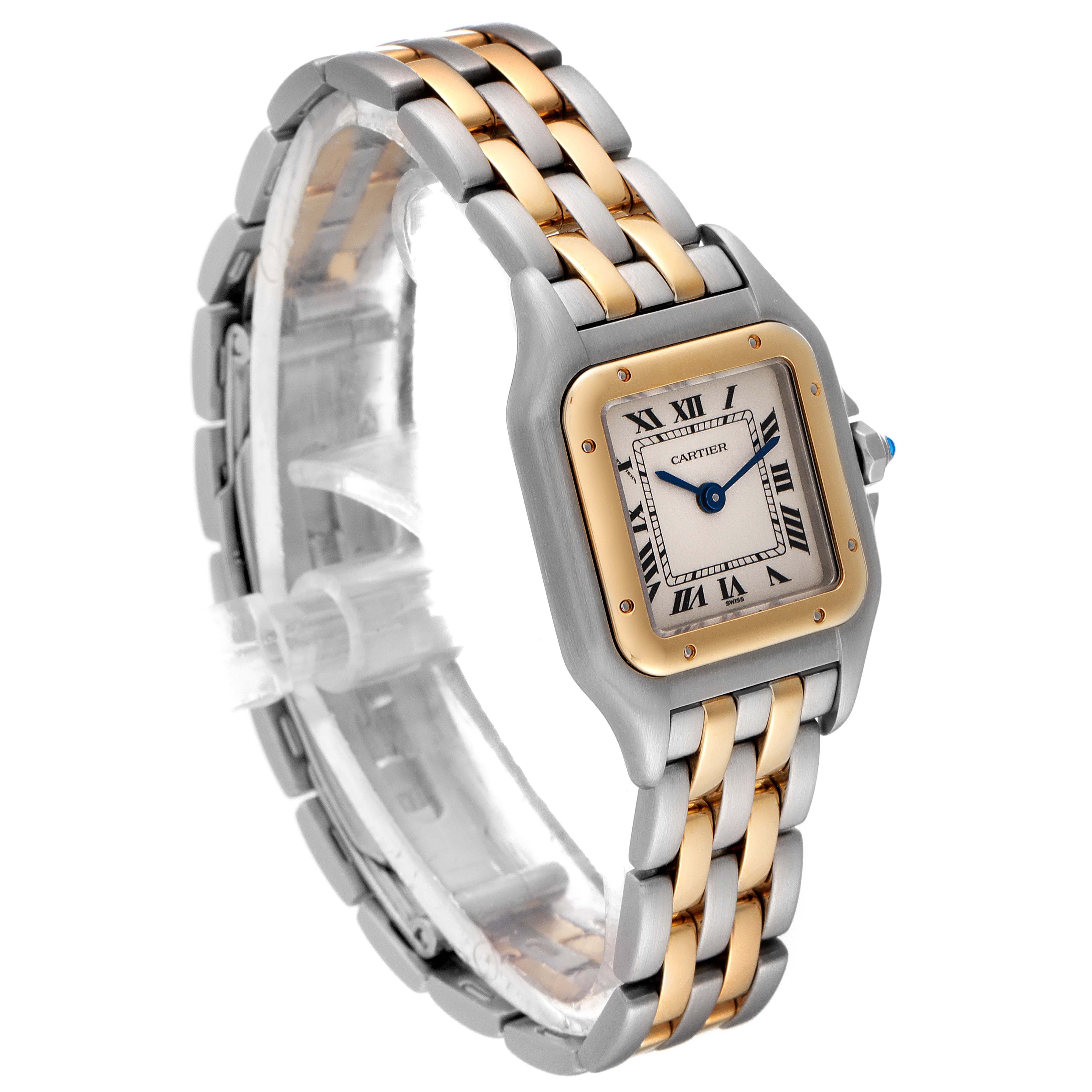 The image shows a Cartier Panthere W25029B6 Women's Steel and Gold (two tone) Silver Dial W25029B6 Women's Steel and Gold (two tone) Silver Dial watch at a three-quarter angle, displaying the face, bracelet, and side view.