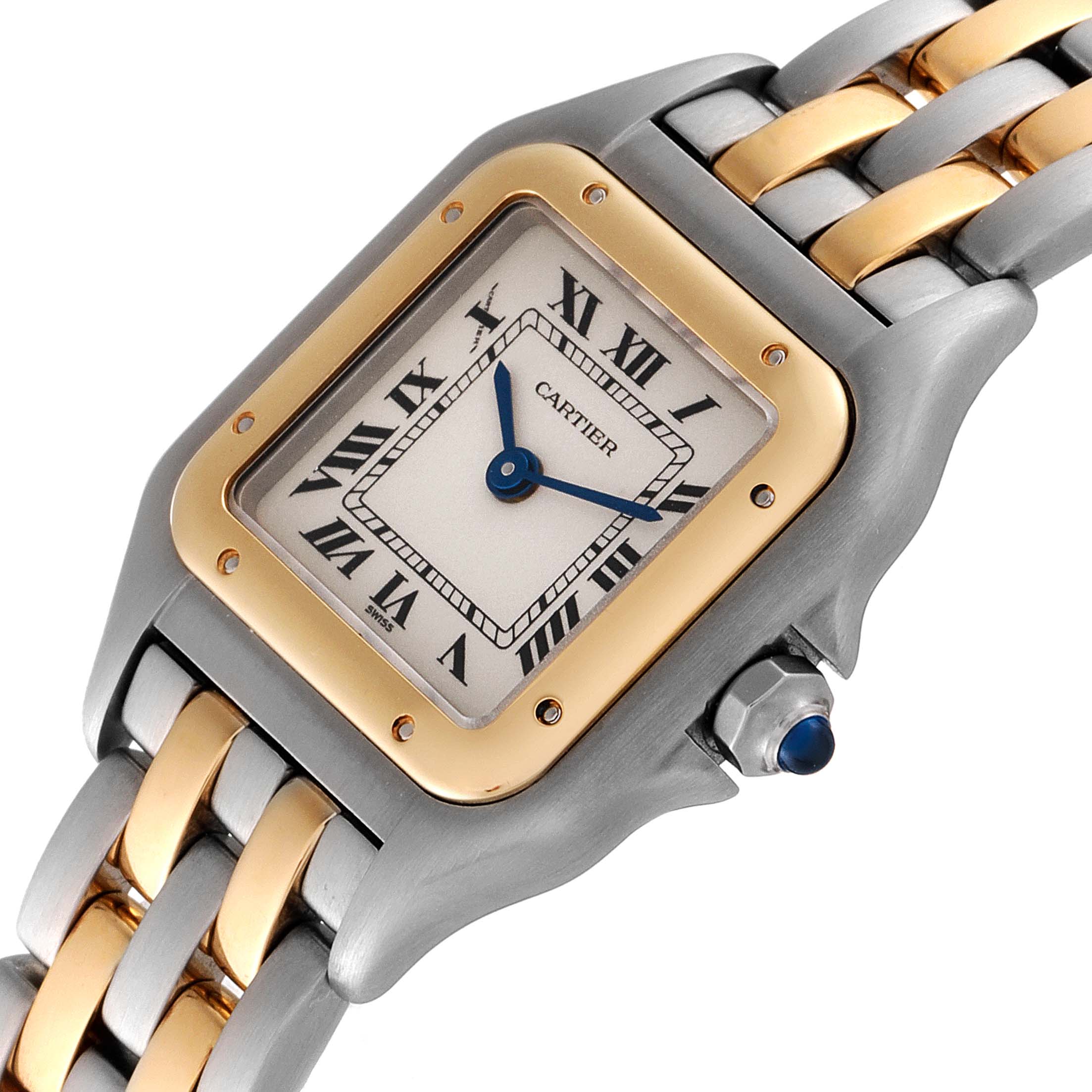 The image shows a close-up of the Cartier Panthere W25029B6 Women's Steel and Gold (two tone) Silver Dial W25029B6 Women's Steel and Gold (two tone) Silver Dial watch, highlighting the dial, bezel, and part of the two-tone bracelet.