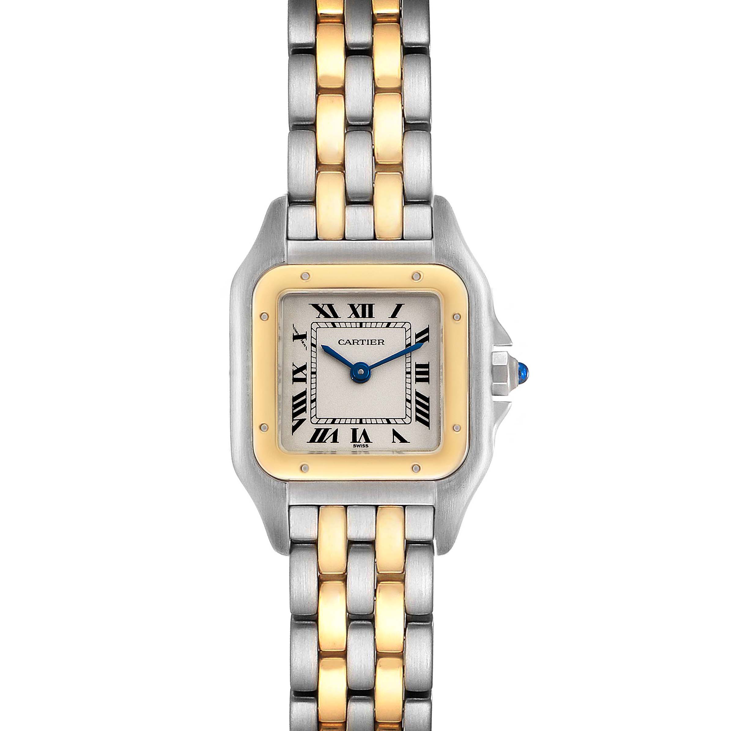 The image shows a front view of the Cartier Panthere W25029B6 Women's Steel and Gold (two tone) Silver Dial W25029B6 Women's Steel and Gold (two tone) Silver Dial watch, highlighting its two-tone bracelet and square dial with Roman numerals.