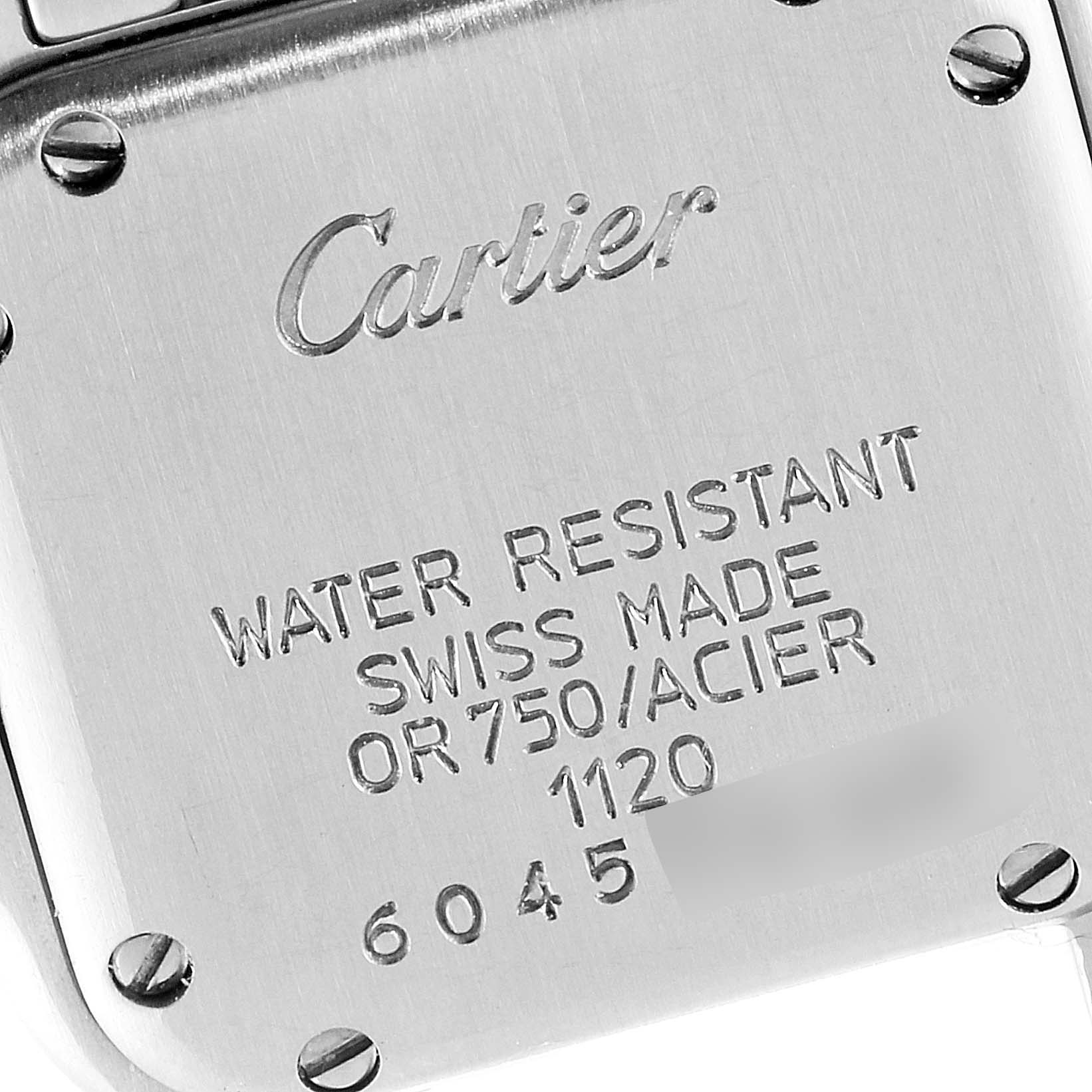 The image shows the case back of a Cartier Panthere W25029B6 Women's Steel and Gold (two tone) Silver Dial W25029B6 Women's Steel and Gold (two tone) Silver Dial watch, displaying engraved details and screws.