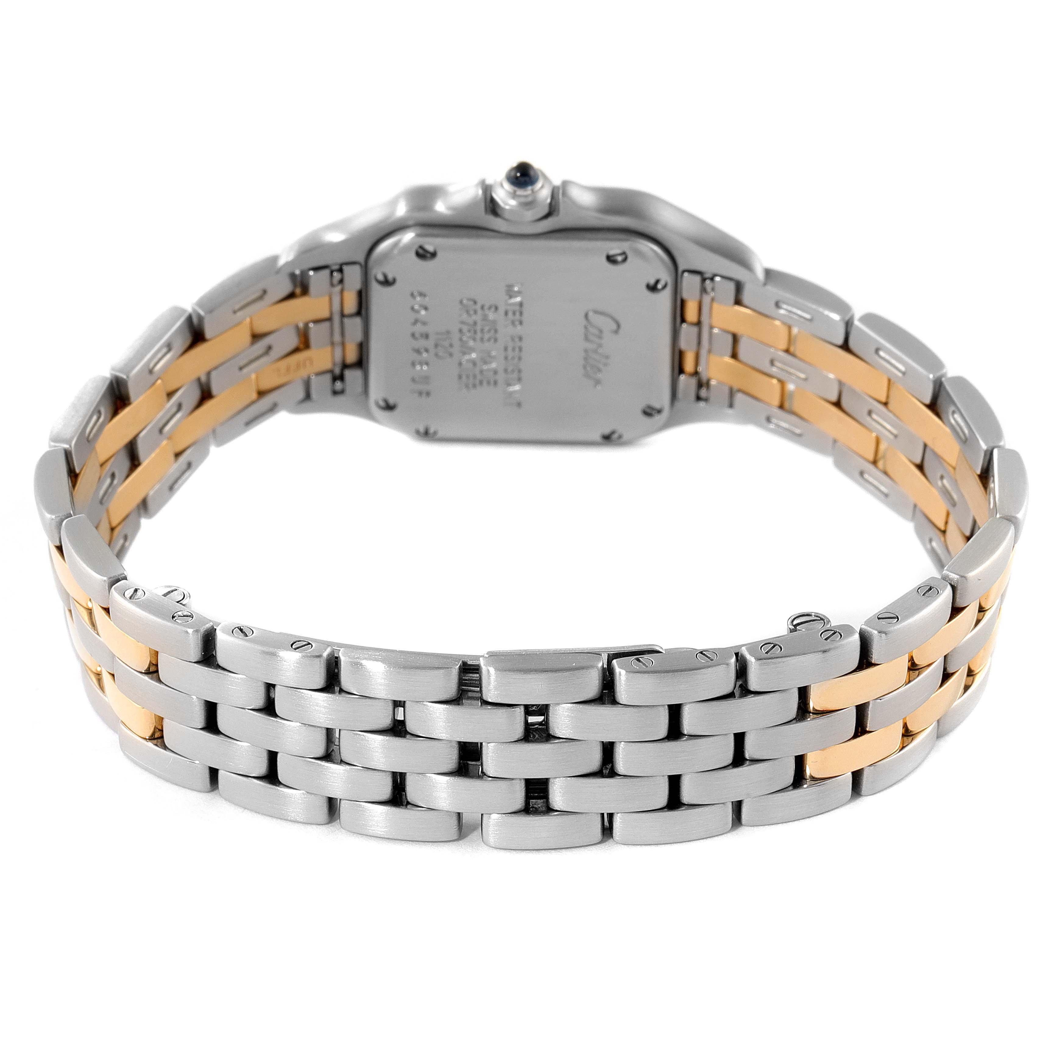 This image shows the backside of the Cartier Panthere W25029B6 Women's Steel and Gold (two tone) Silver Dial W25029B6 Women's Steel and Gold (two tone) Silver Dial watch and its two-tone bracelet.