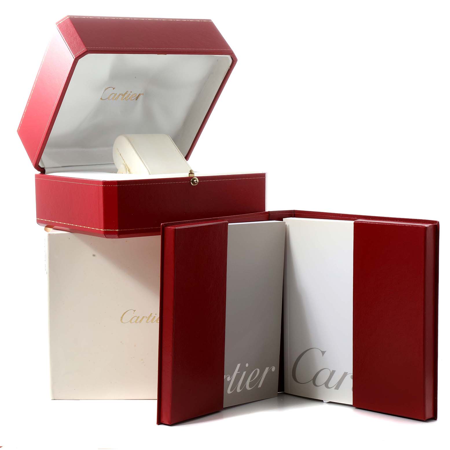 The image shows a Cartier Panthere W25029B6 Women's Steel and Gold (two tone) Silver Dial W25029B6 Women's Steel and Gold (two tone) Silver Dial watch box, setting, and accompanying documents, photographed from a front angle.