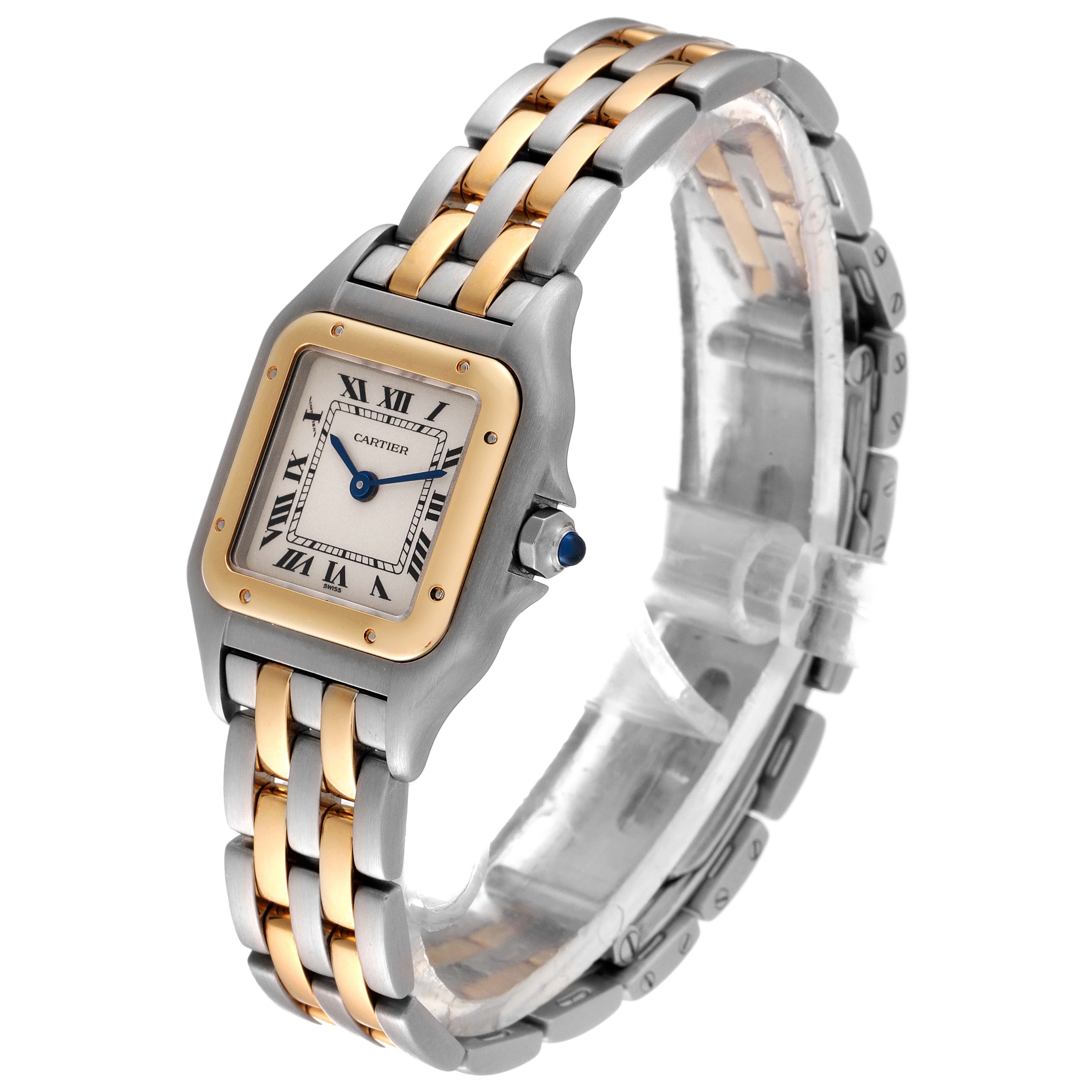 The image showcases a Cartier Panthere W25029B6 Women's Steel and Gold (two tone) Silver Dial W25029B6 Women's Steel and Gold (two tone) Silver Dial model watch at an angled view, highlighting its bracelet and face.