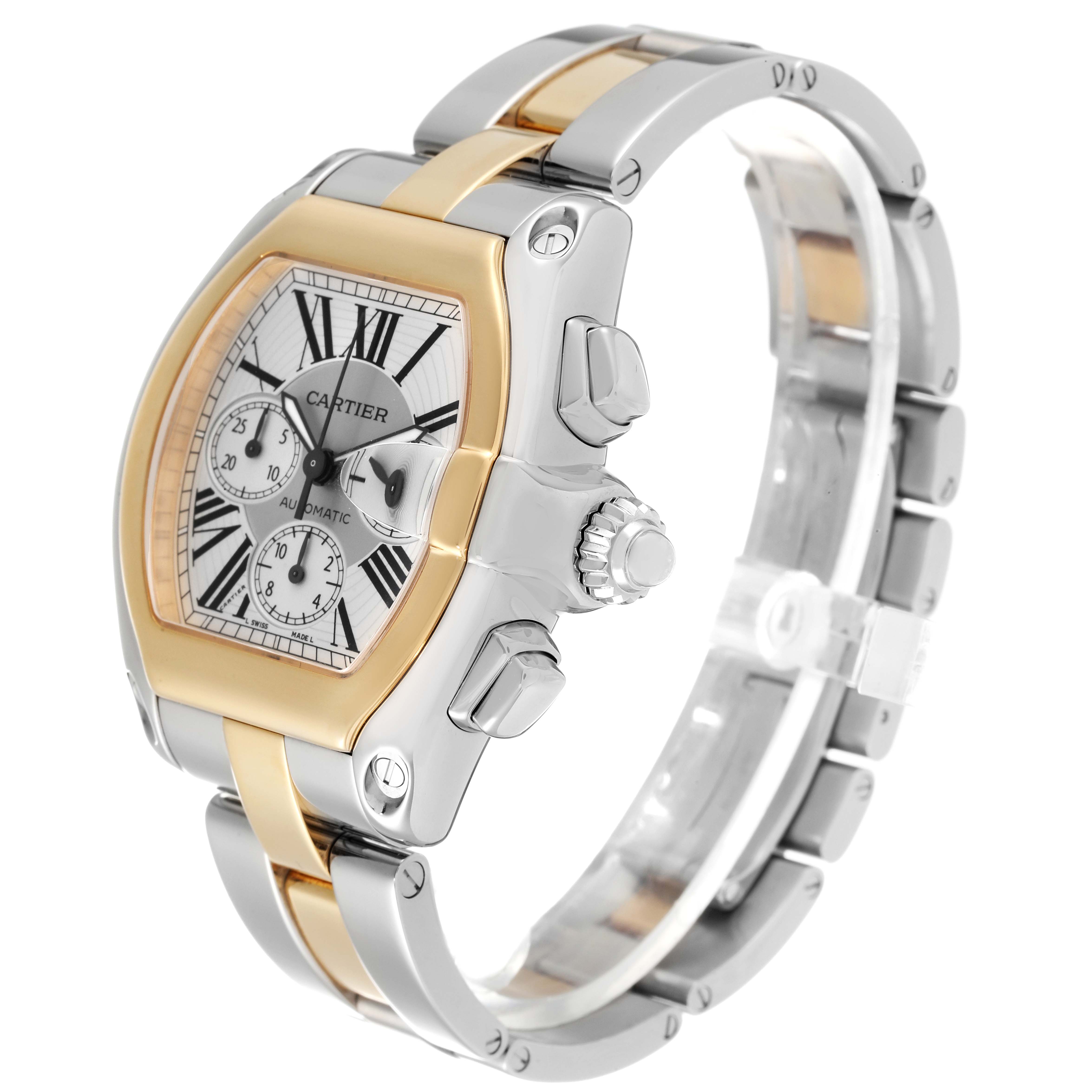 The image shows a Cartier Roadster W62027Z1 Men's Steel and Gold (two tone) Silver Dial W62027Z1 Men's Steel and Gold (two tone) Silver Dial watch at a slight angle highlighting its face and metal band.