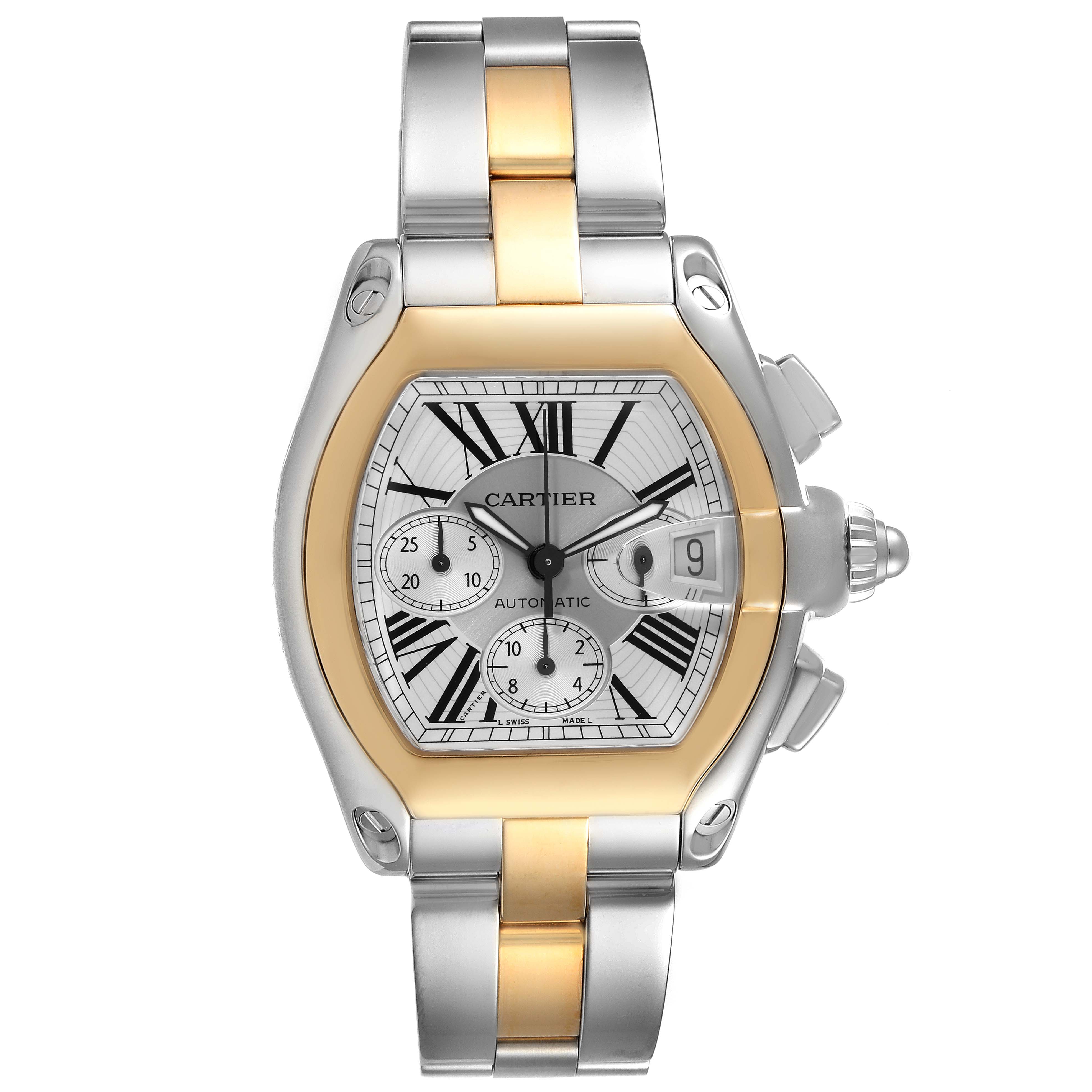 The image shows a front view of the Cartier Roadster W62027Z1 Men's Steel and Gold (two tone) Silver Dial W62027Z1 Men's Steel and Gold (two tone) Silver Dial watch, highlighting its dial, bracelet, and crown.