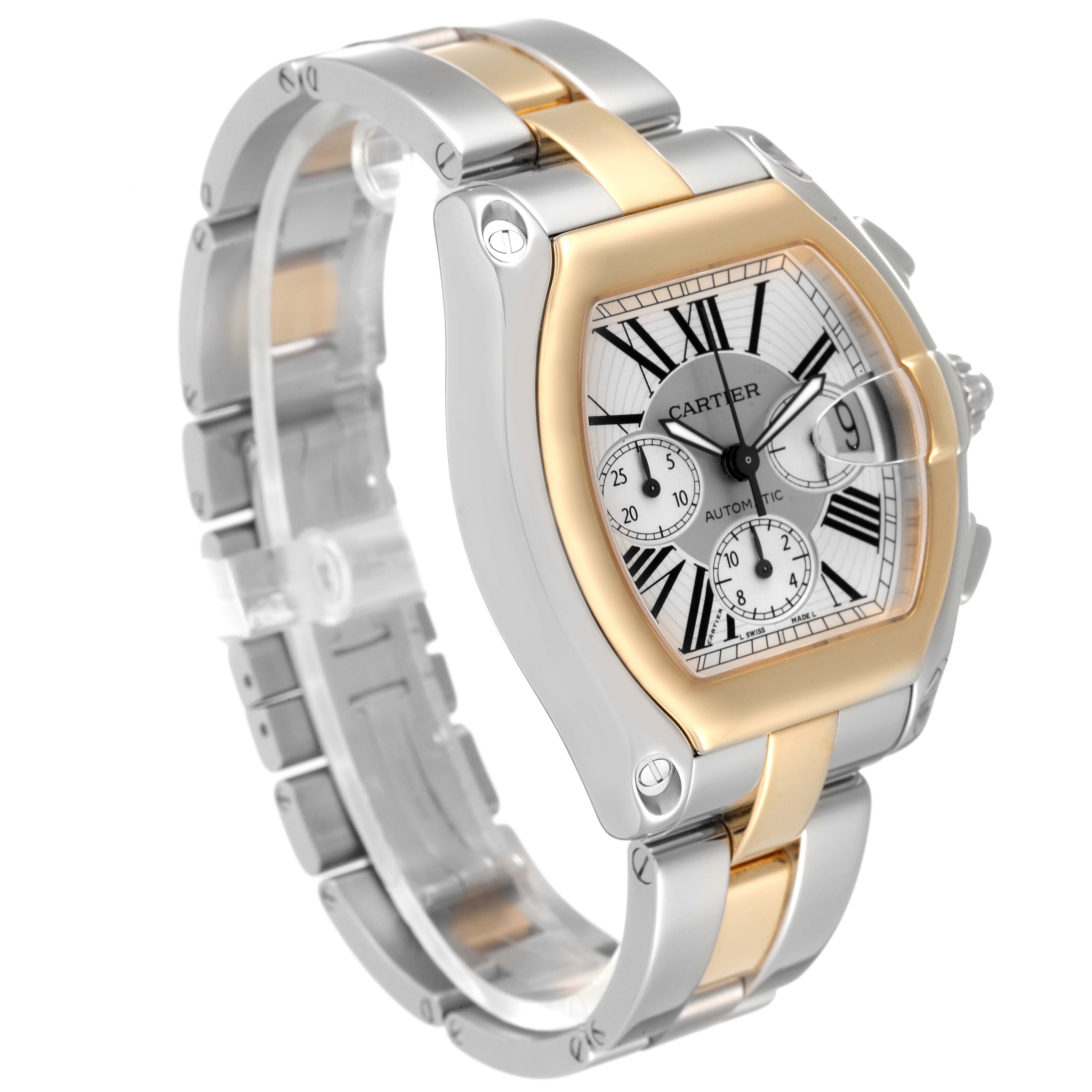 The Cartier Roadster W62027Z1 Men's Steel and Gold (two tone) Silver Dial W62027Z1 Men's Steel and Gold (two tone) Silver Dial watch is shown from an angled perspective highlighting its face, case, and bracelet.