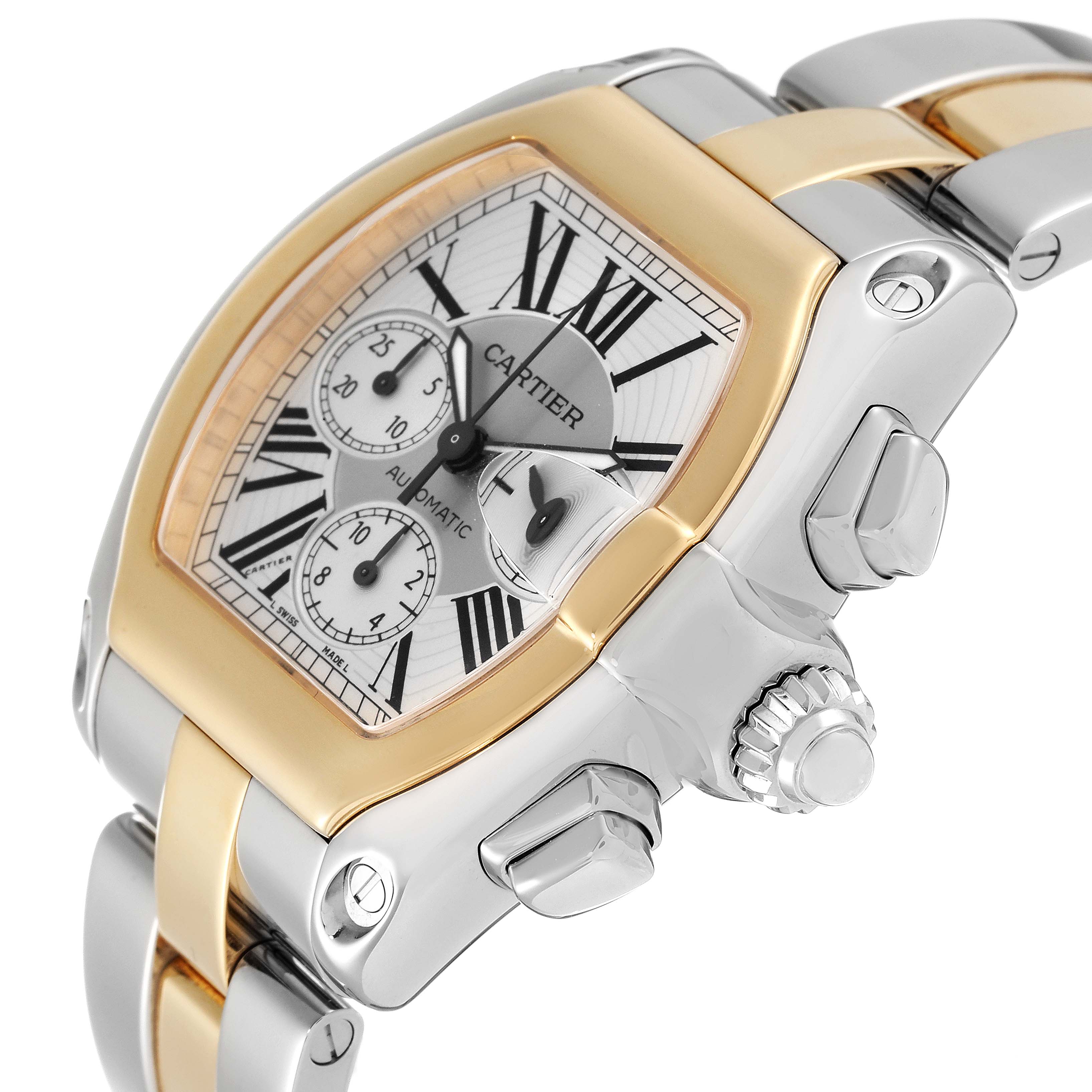 This image shows a close-up angled view of the Cartier Roadster W62027Z1 Men's Steel and Gold (two tone) Silver Dial W62027Z1 Men's Steel and Gold (two tone) Silver Dial watch, highlighting the face, crown, and part of the bracelet.