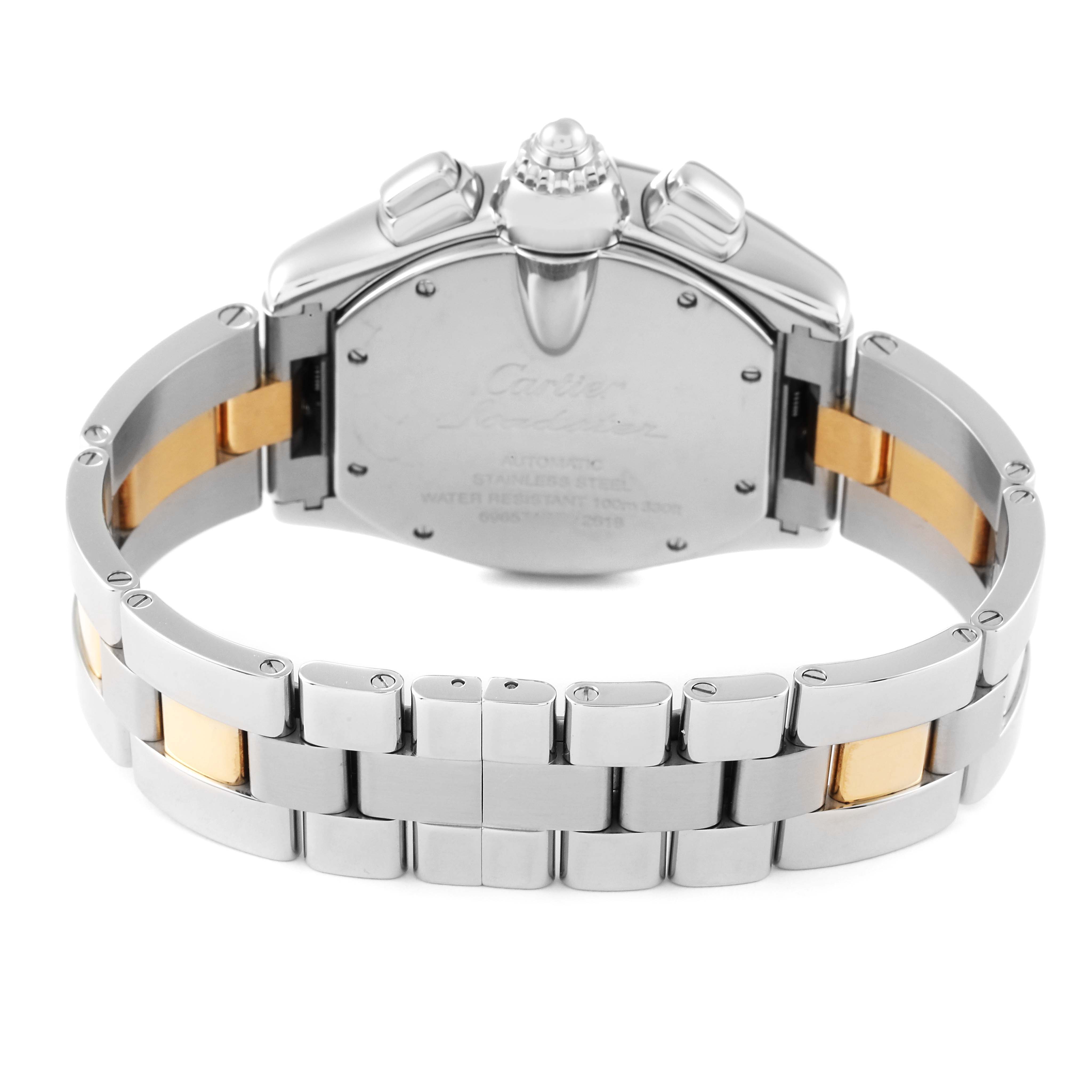 The image shows the back case and bracelet of a Cartier Roadster W62027Z1 Men's Steel and Gold (two tone) Silver Dial W62027Z1 Men's Steel and Gold (two tone) Silver Dial watch viewed from the rear.