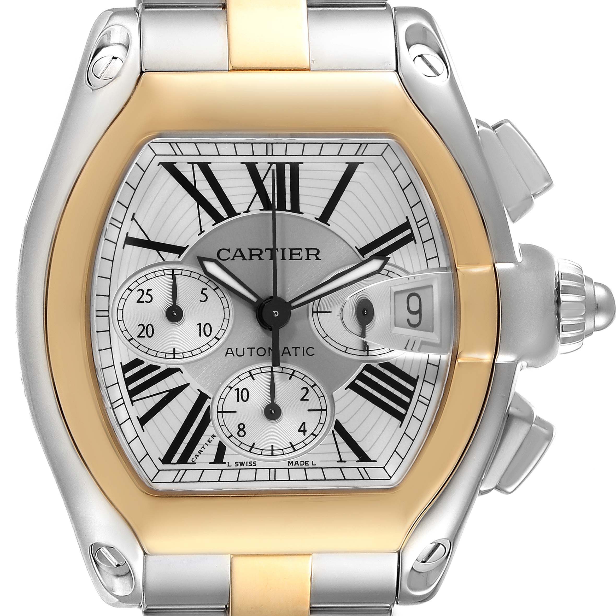 This image shows a close-up front view of the Cartier Roadster W62027Z1 Men's Steel and Gold (two tone) Silver Dial W62027Z1 Men's Steel and Gold (two tone) Silver Dial watch, highlighting its face, dials, and bezel.