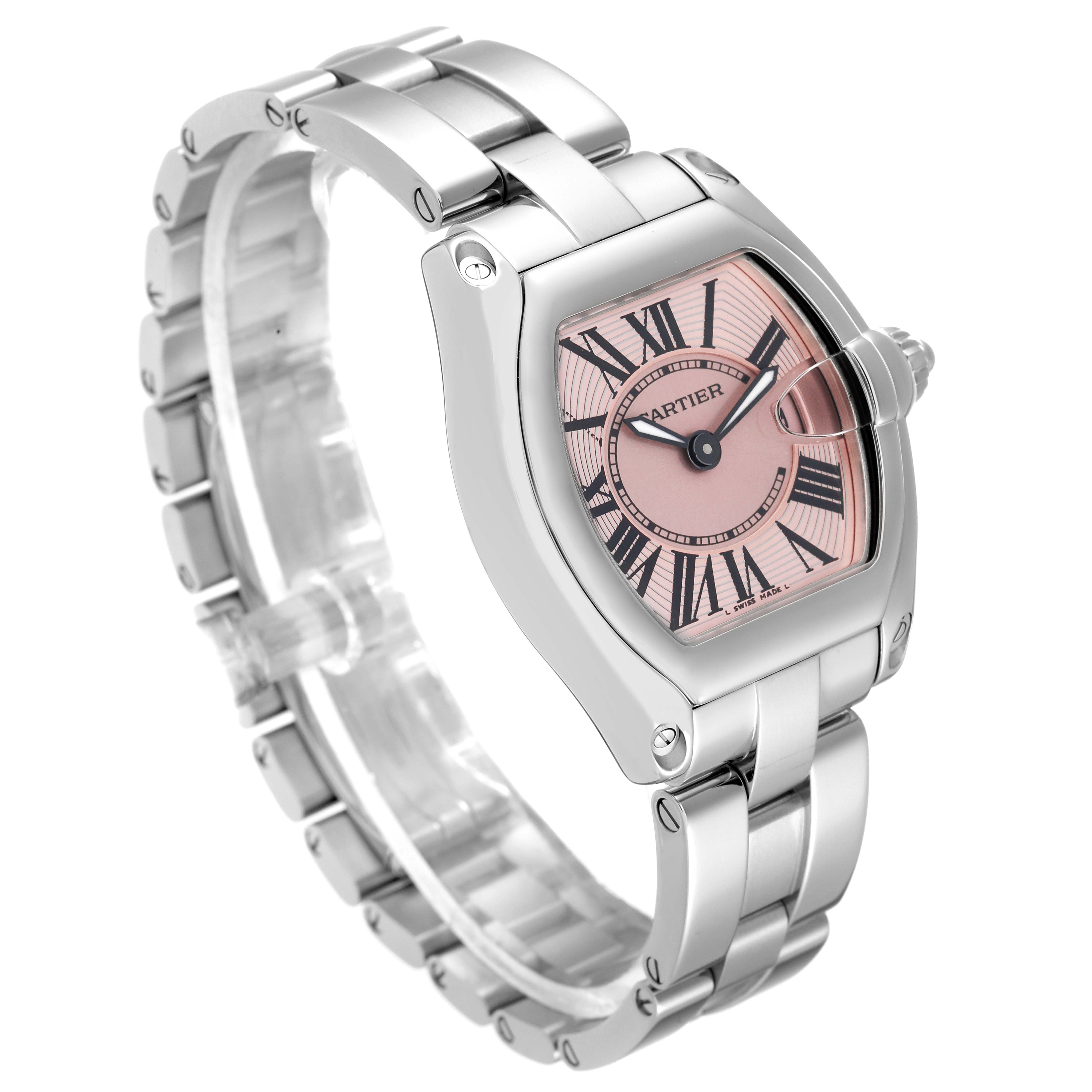 The image shows a Cartier Roadster W62017V3 Women's Stainless Steel Pink Dial W62017V3 Women's Stainless Steel Pink Dial watch at a three-quarter angle, highlighting the bracelet and pink dial.