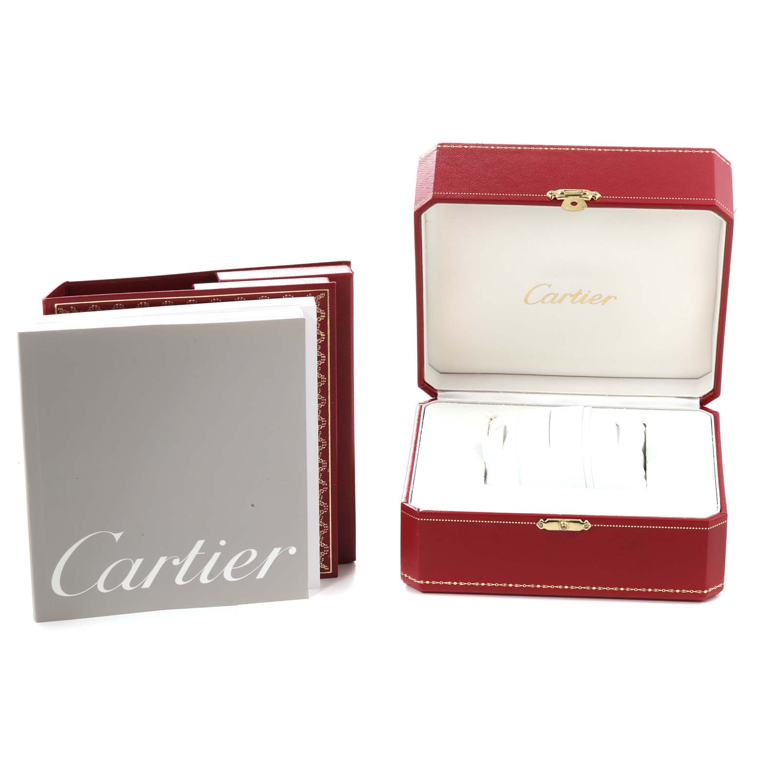 The image shows the open red box and papers for the Cartier Roadster W62017V3 Women's Stainless Steel Pink Dial W62017V3 Women's Stainless Steel Pink Dial watch, displayed from a front angle.