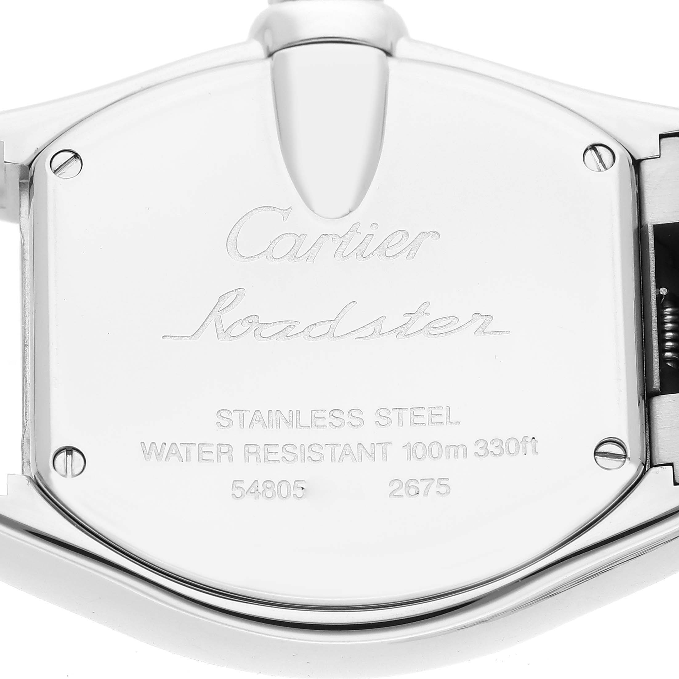 The image shows the back case of a Cartier Roadster W62017V3 Women's Stainless Steel Pink Dial W62017V3 Women's Stainless Steel Pink Dial watch, featuring the brand, model, and specifications.