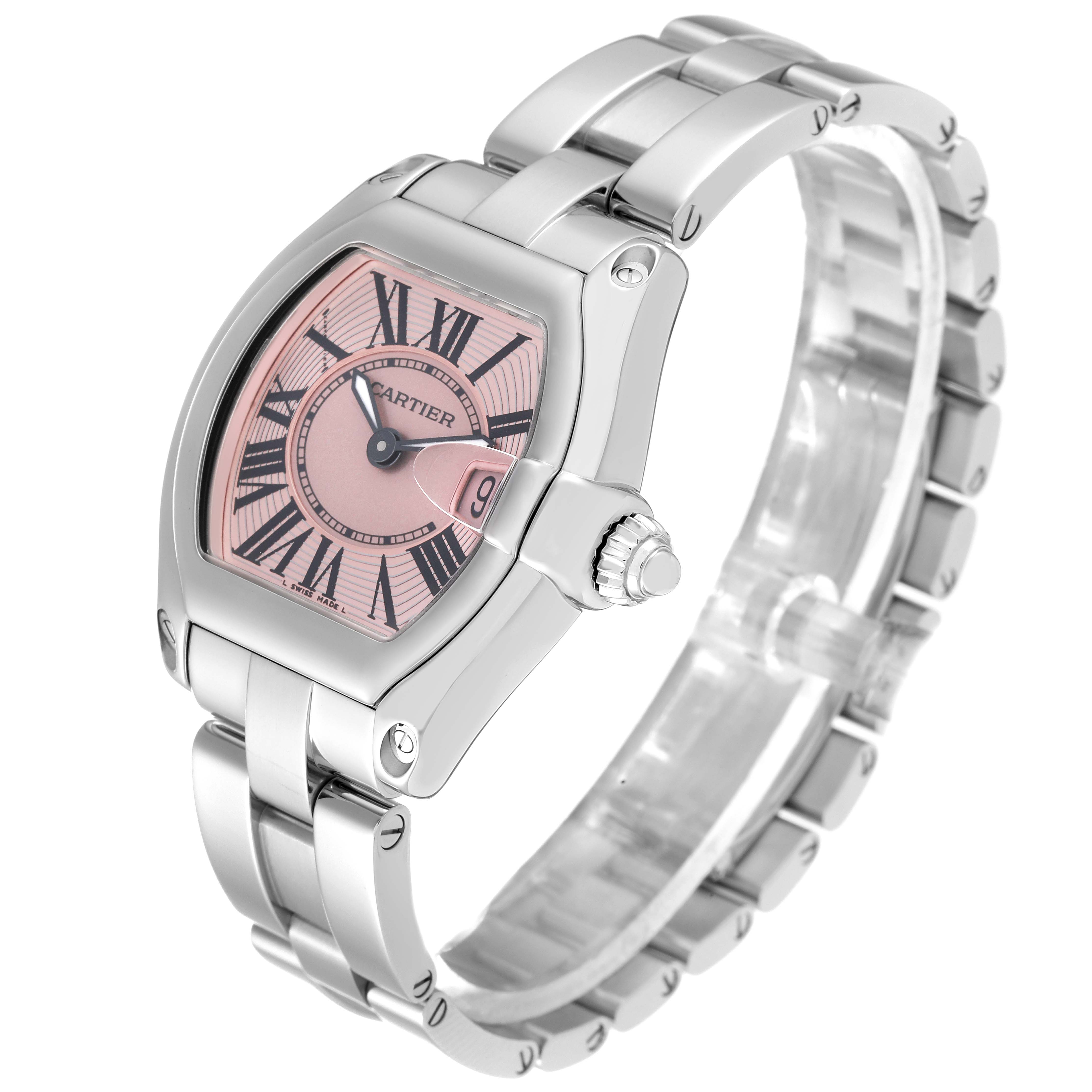 The image shows a Cartier Roadster W62017V3 Women's Stainless Steel Pink Dial W62017V3 Women's Stainless Steel Pink Dial watch at a three-quarter angle, highlighting its pink dial, Roman numeral markers, and metal bracelet.