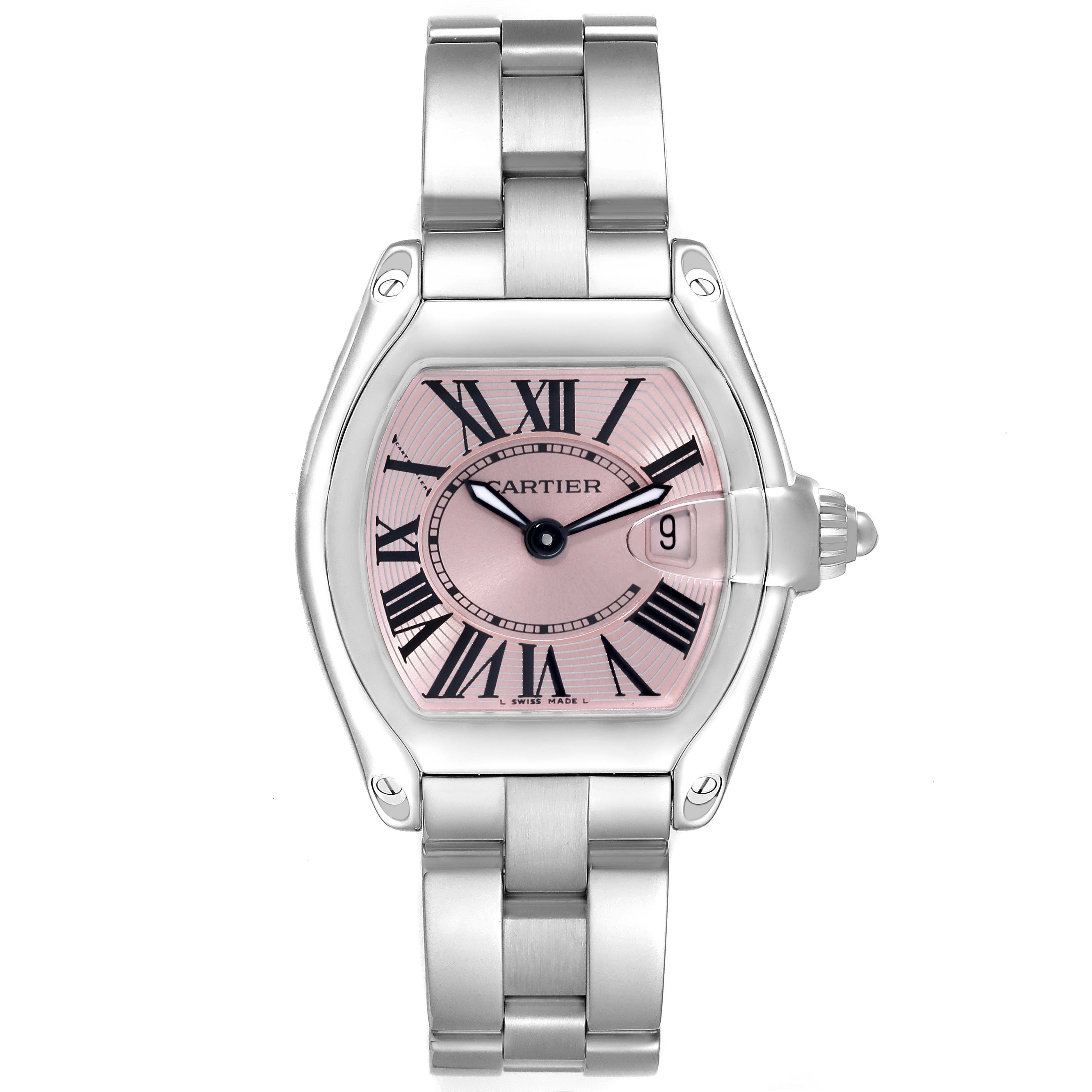 The Cartier Roadster W62017V3 Women's Stainless Steel Pink Dial W62017V3 Women's Stainless Steel Pink Dial watch is shown from a front angle, highlighting its face, bezel, case, bracelet, and crown.