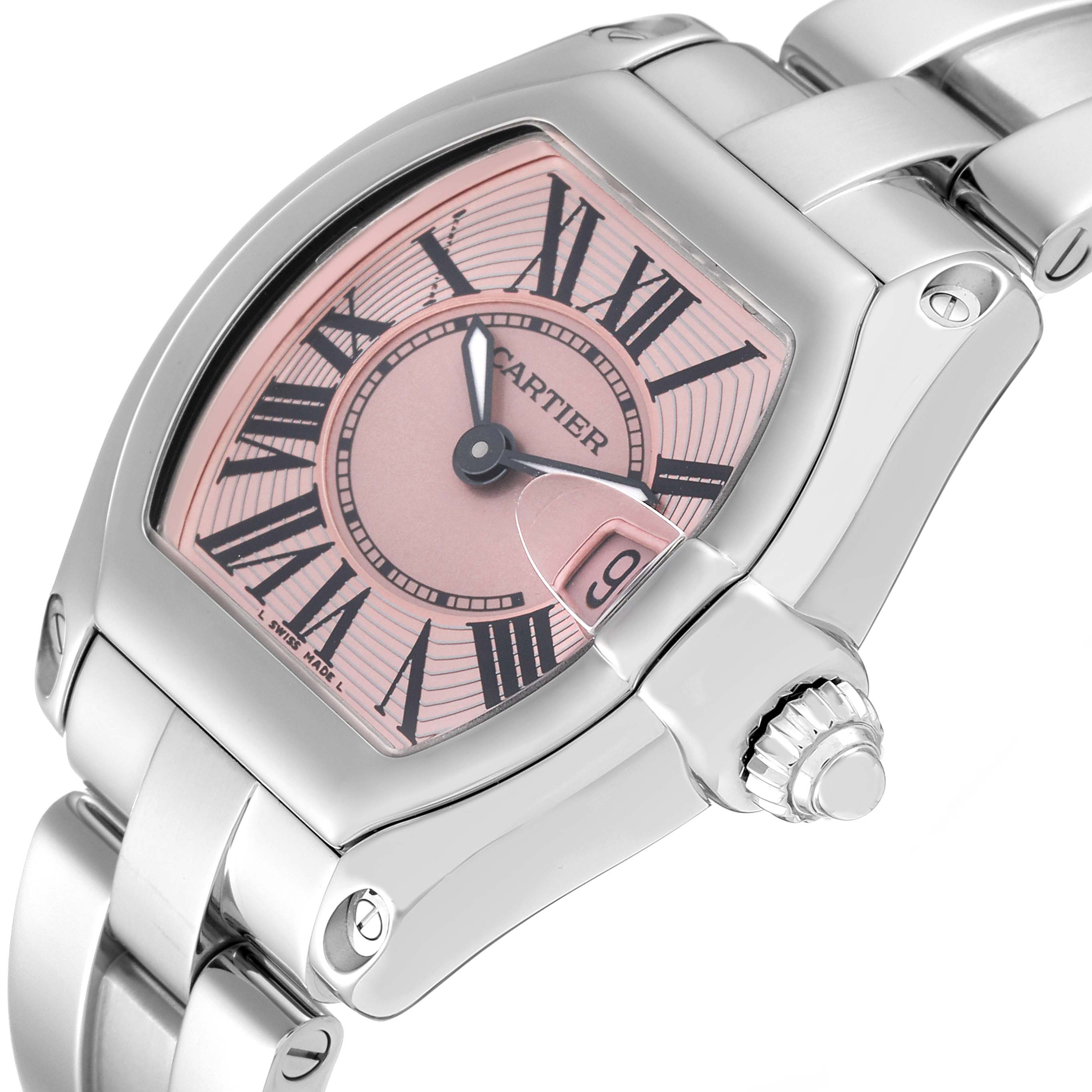 This image shows a close-up view of the Cartier Roadster W62017V3 Women's Stainless Steel Pink Dial W62017V3 Women's Stainless Steel Pink Dial watch focusing on the dial, case, and part of the bracelet.