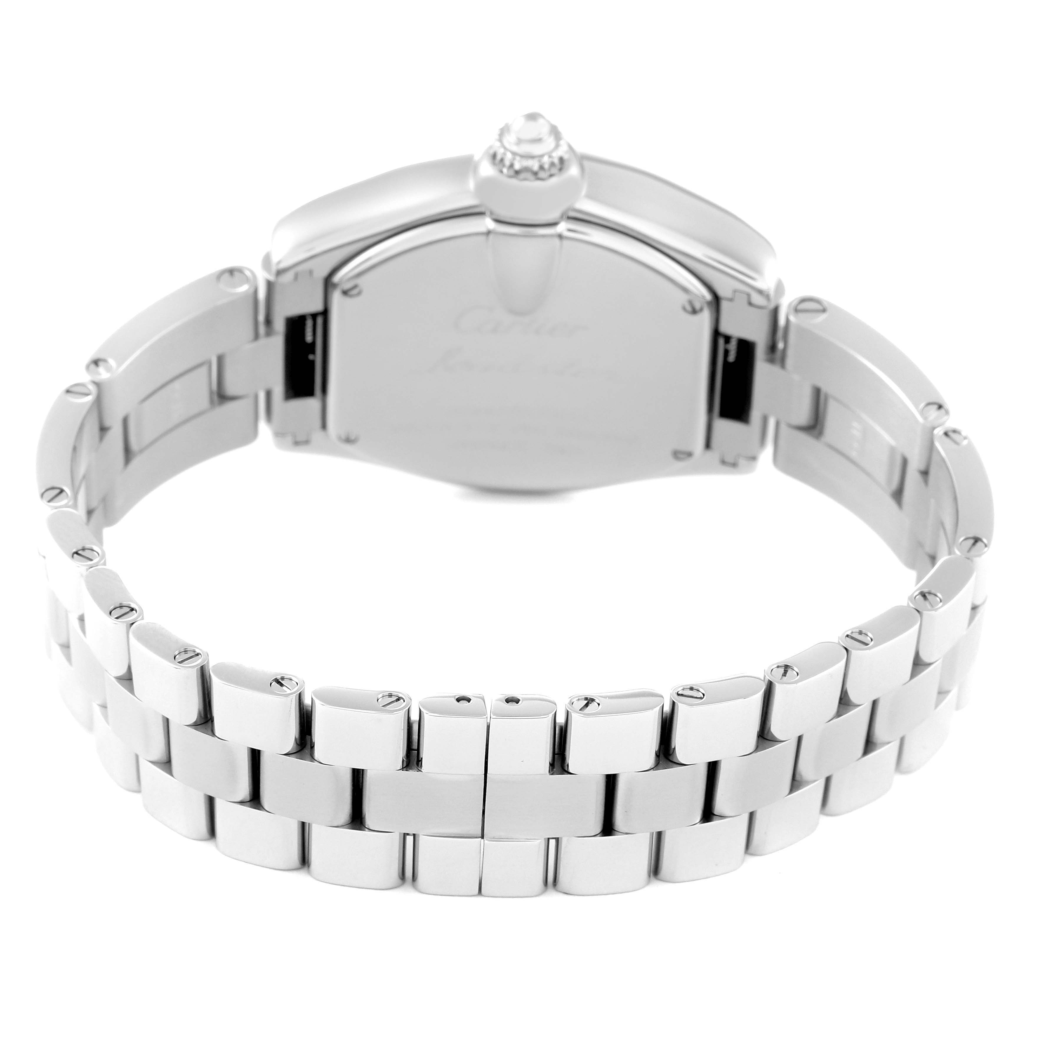 The image shows the back view of the Cartier Roadster W62017V3 Women's Stainless Steel Pink Dial W62017V3 Women's Stainless Steel Pink Dial watch, highlighting its case back and stainless steel bracelet.