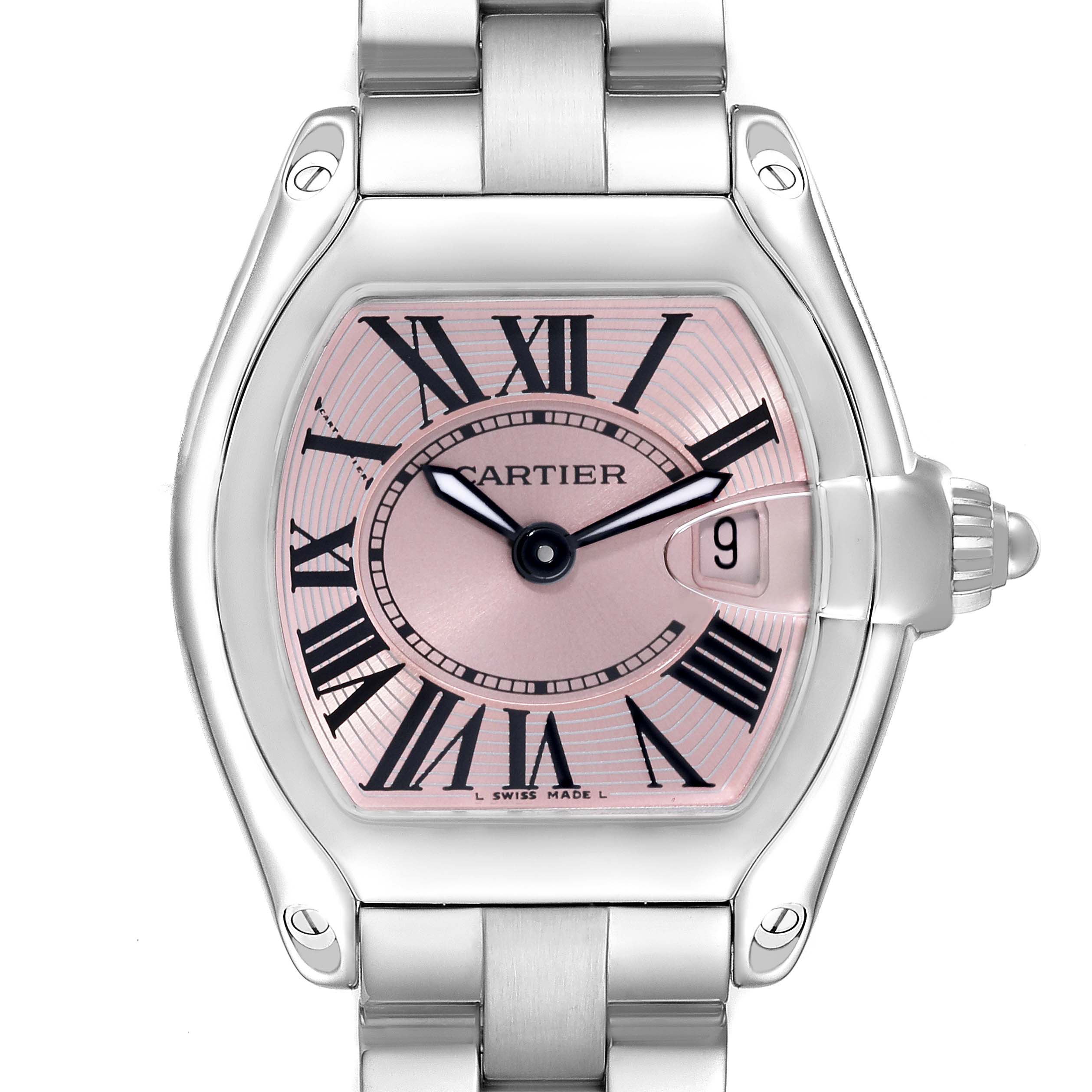 The image shows a front view of the Cartier Roadster W62017V3 Women's Stainless Steel Pink Dial W62017V3 Women's Stainless Steel Pink Dial watch, highlighting its dial, case, and part of the bracelet.