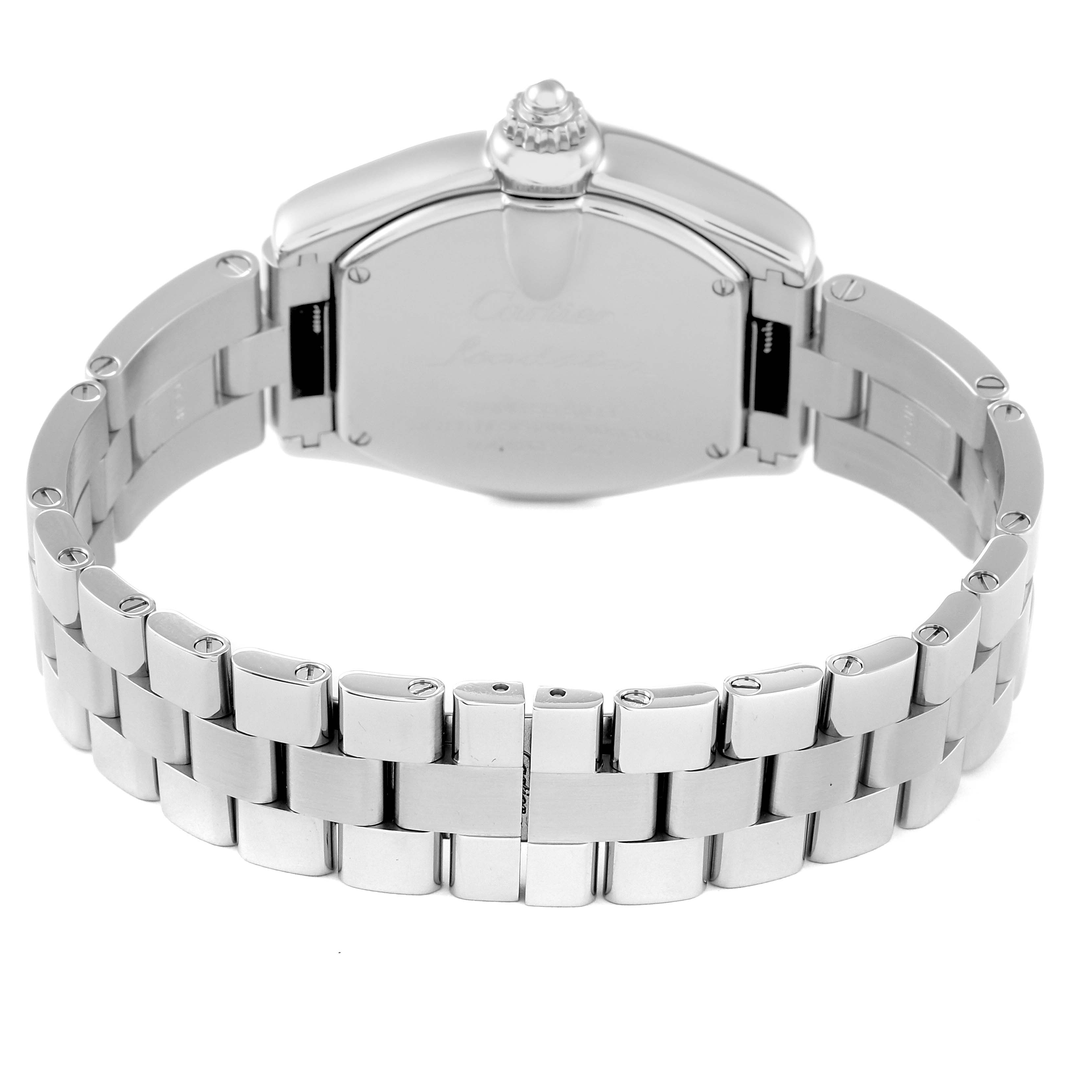 This image shows the back view of a Cartier Roadster W62016V3 Women's Stainless Steel Silver Dial W62016V3 Women's Stainless Steel Silver Dial watch, focusing on the bracelet and case back.