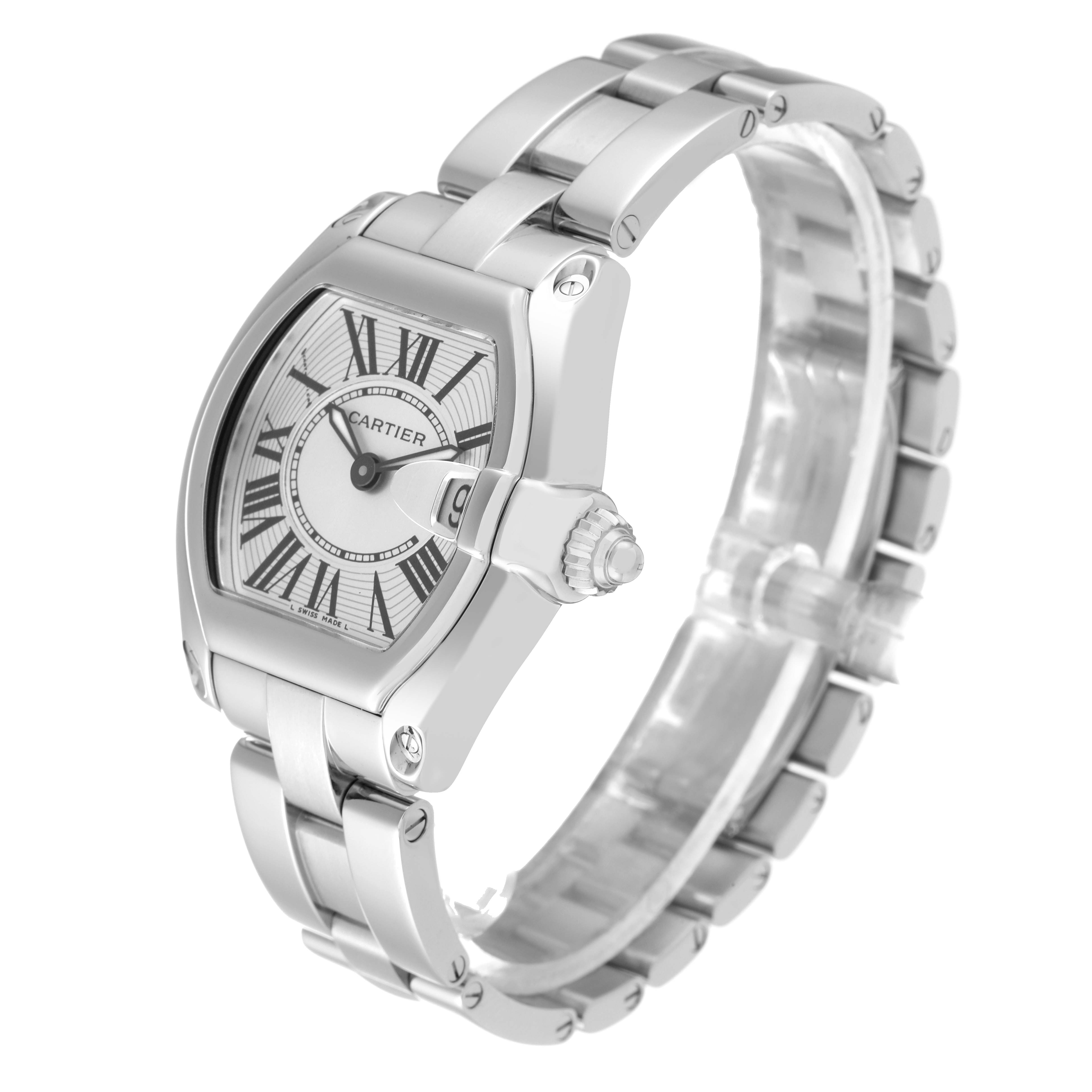 The image shows a Cartier Roadster W62016V3 Women's Stainless Steel Silver Dial W62016V3 Women's Stainless Steel Silver Dial watch at a three-quarter angle, highlighting its face, bracelet, and crown.