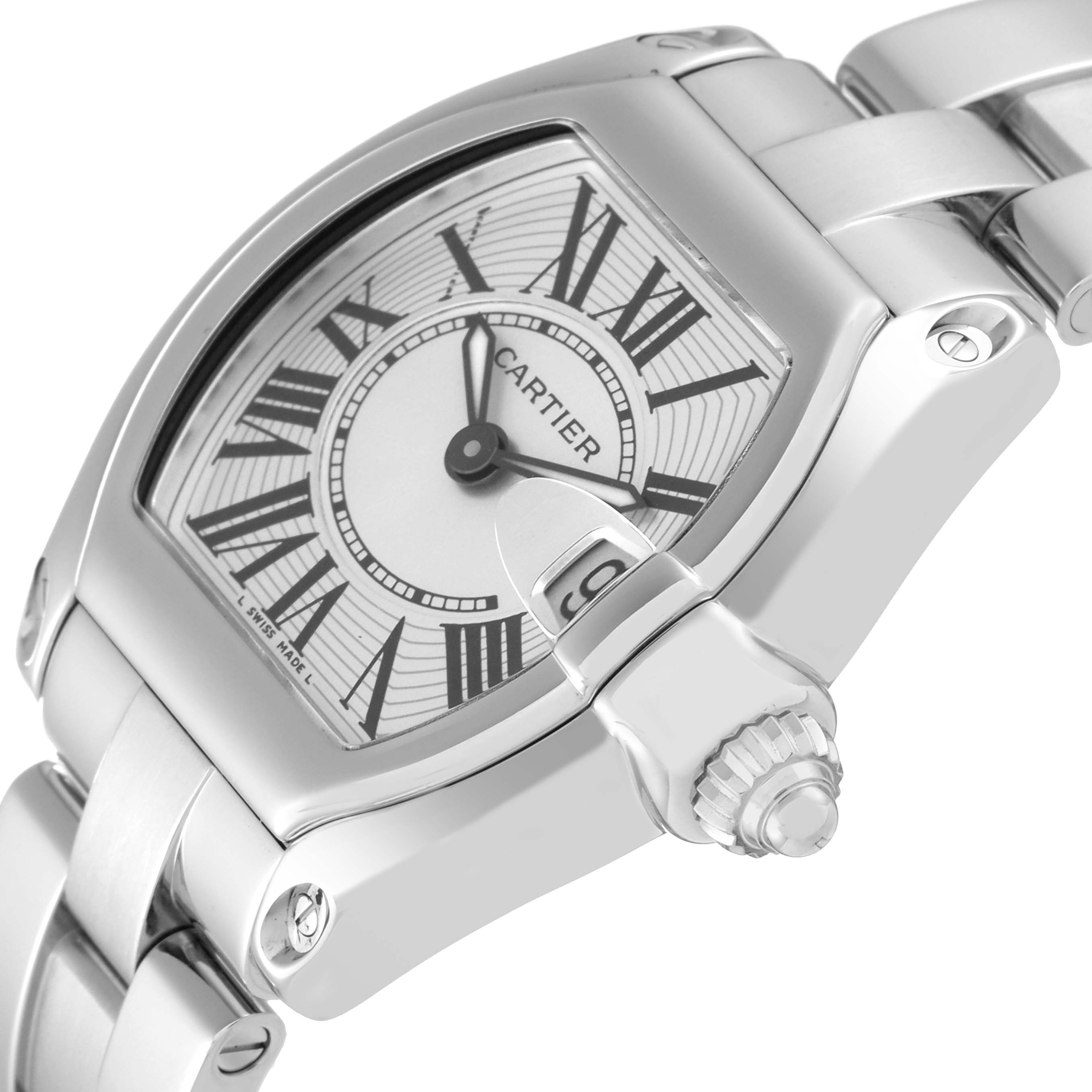 The image shows a close-up of the Cartier Roadster W62016V3 Women's Stainless Steel Silver Dial W62016V3 Women's Stainless Steel Silver Dial watch, focusing on the dial, bezel, and crown from a side angle.