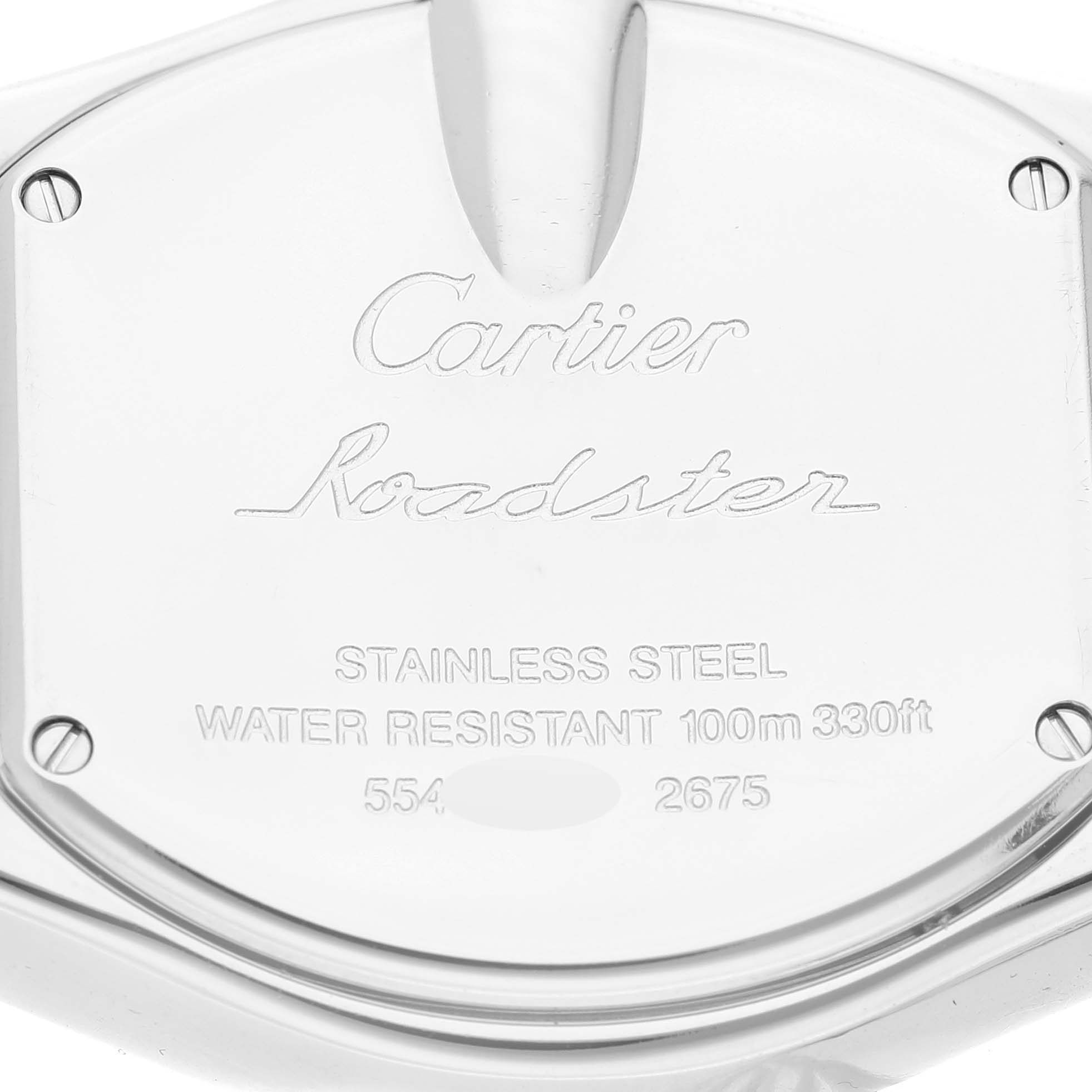 The image shows the back case of a Cartier Roadster W62016V3 Women's Stainless Steel Silver Dial W62016V3 Women's Stainless Steel Silver Dial watch, highlighting its stainless steel and water resistance details.