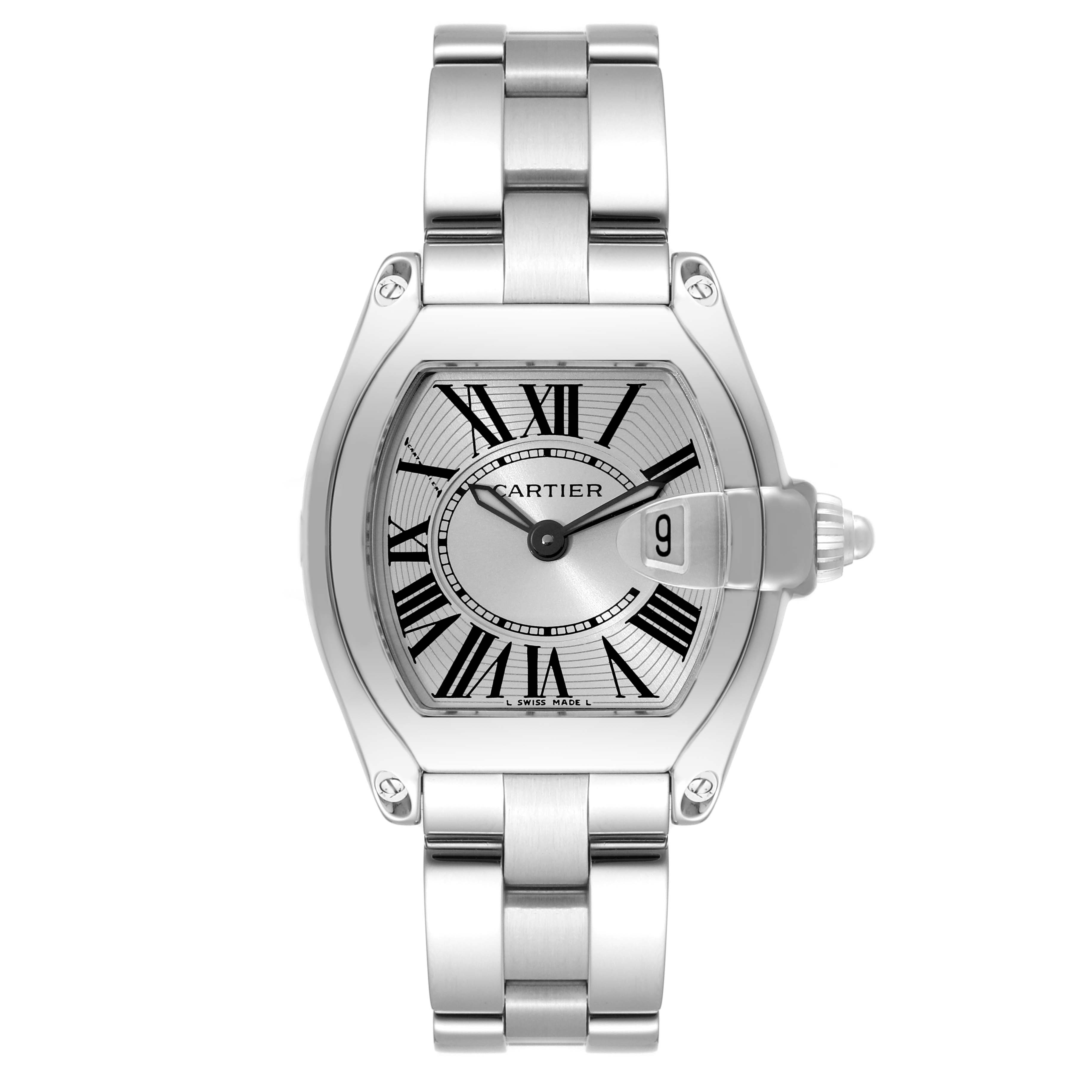 The Cartier Roadster W62016V3 Women's Stainless Steel Silver Dial W62016V3 Women's Stainless Steel Silver Dial watch is shown from a front view, displaying its dial, bracelet, and unique date magnifier.
