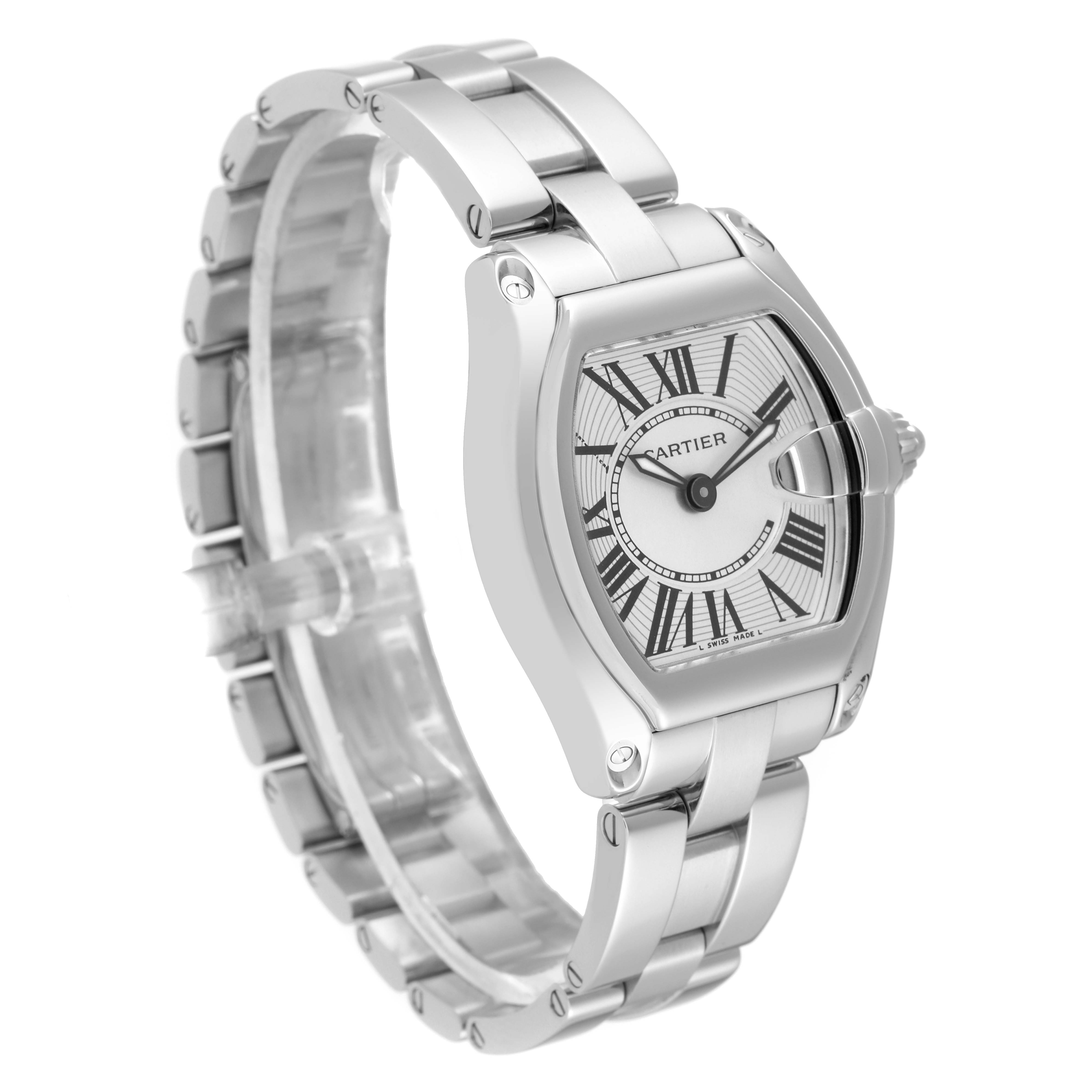 This image shows a Cartier Roadster W62016V3 Women's Stainless Steel Silver Dial W62016V3 Women's Stainless Steel Silver Dial watch at an angled view, highlighting the face, bezel, crown, and bracelet.