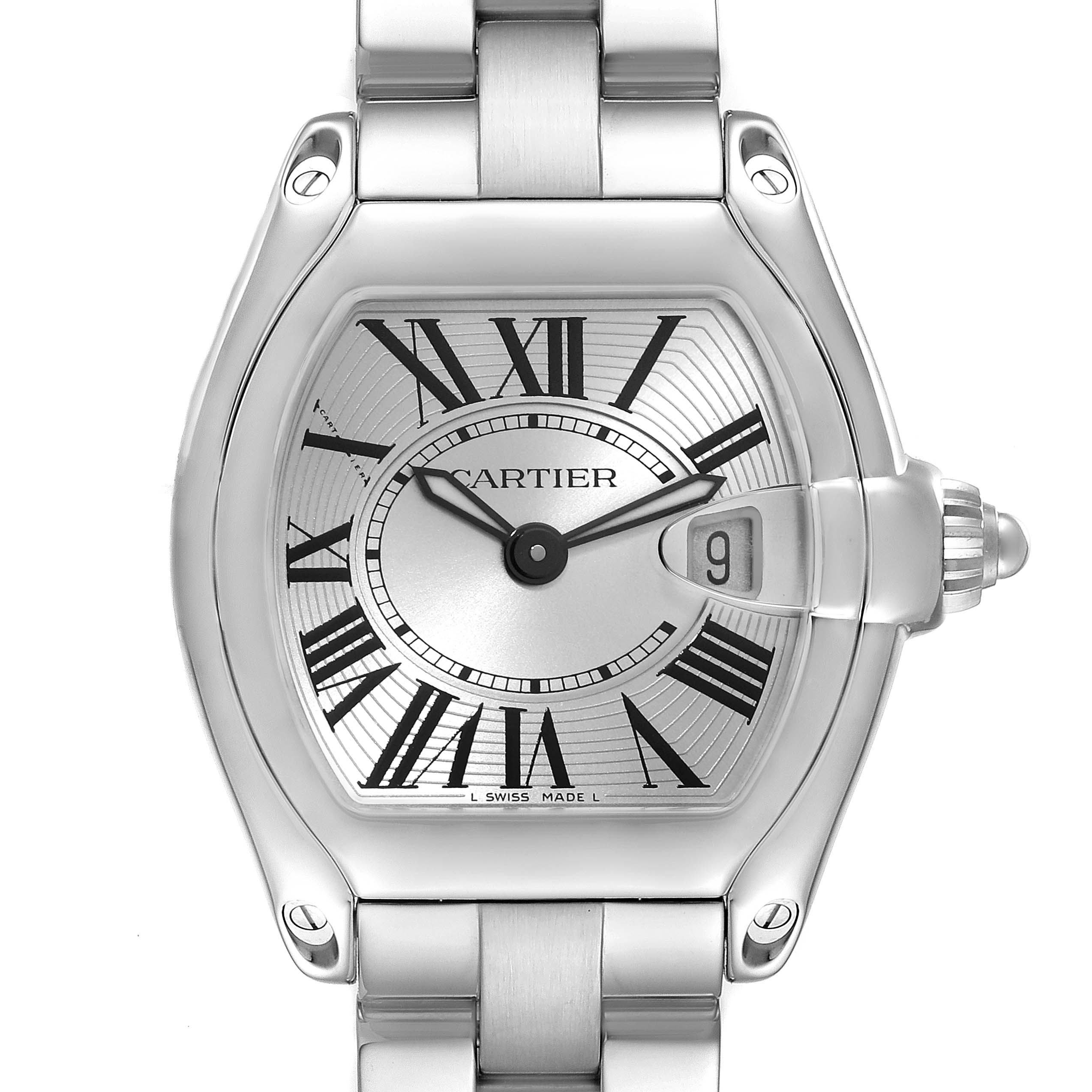 The image shows a front view of the Cartier Roadster W62016V3 Women's Stainless Steel Silver Dial W62016V3 Women's Stainless Steel Silver Dial watch, focusing on its dial, bracelet, and date window.
