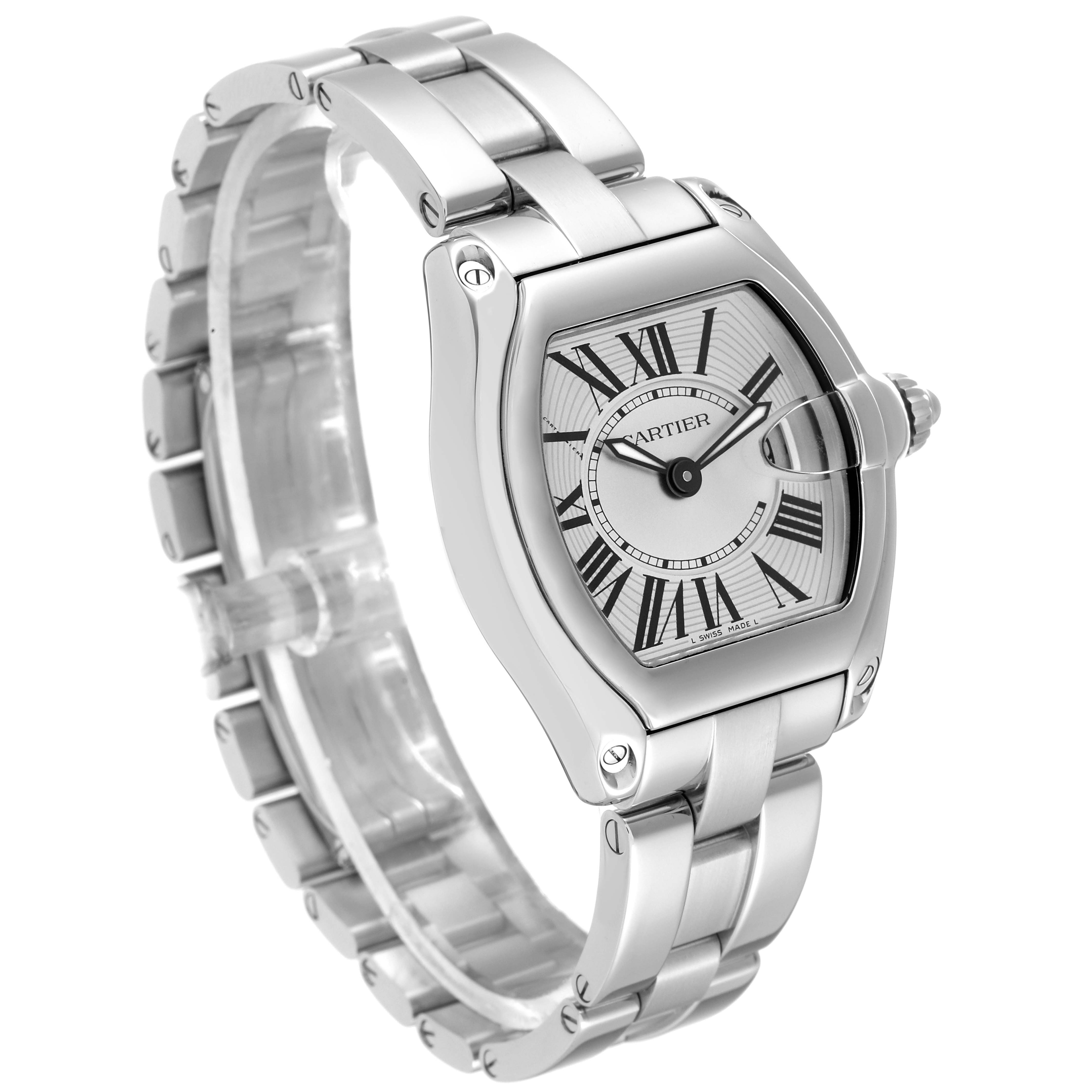 A Cartier Roadster W62016V3 Women's Stainless Steel Silver Dial W62016V3 Women's Stainless Steel Silver Dial watch is angled slightly from the left, showing the face, case, crown, and bracelet.