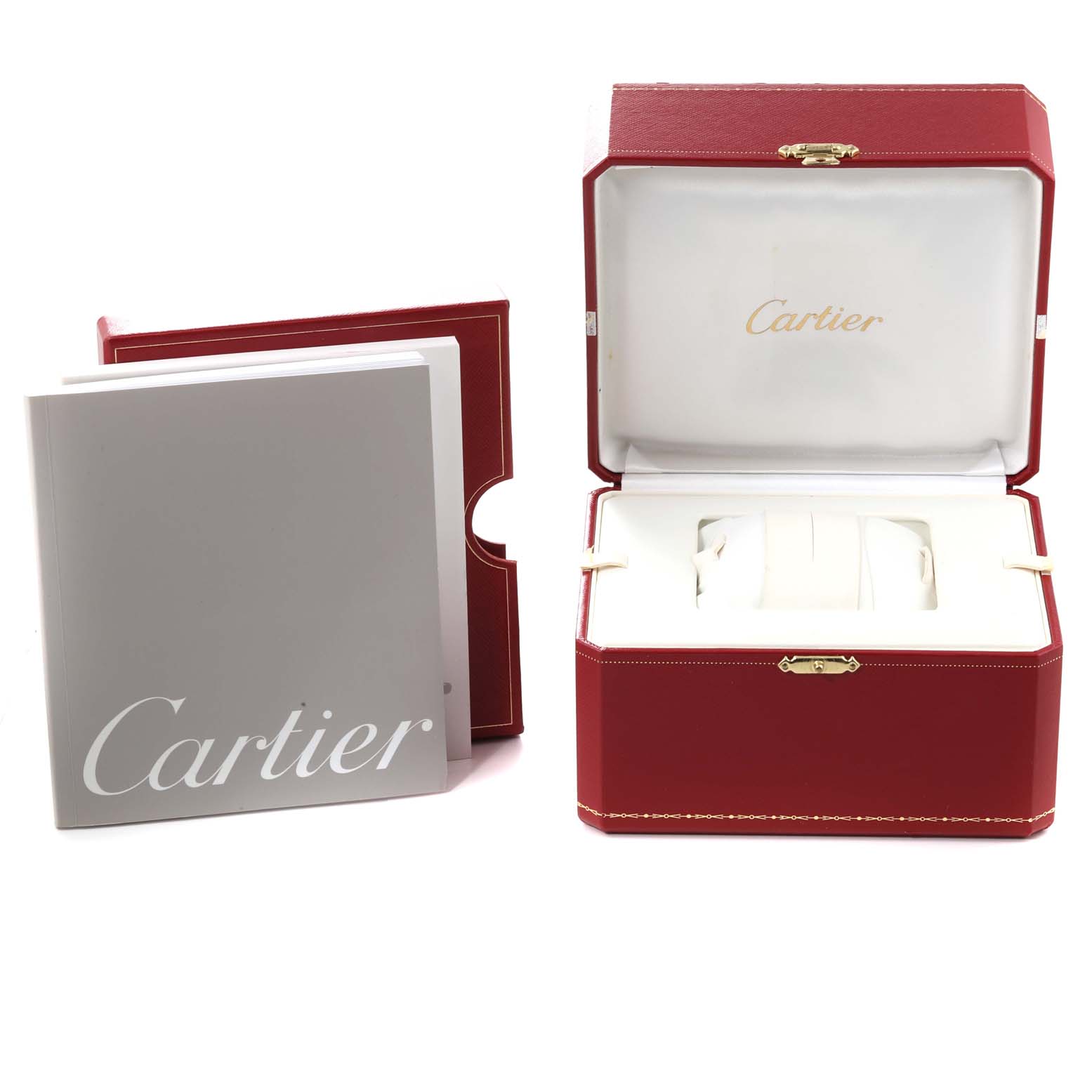 The image shows the packaging and booklet for the Cartier Roadster W62016V3 Women's Stainless Steel Silver Dial W62016V3 Women's Stainless Steel Silver Dial watch, including an open red box and instruction manual.