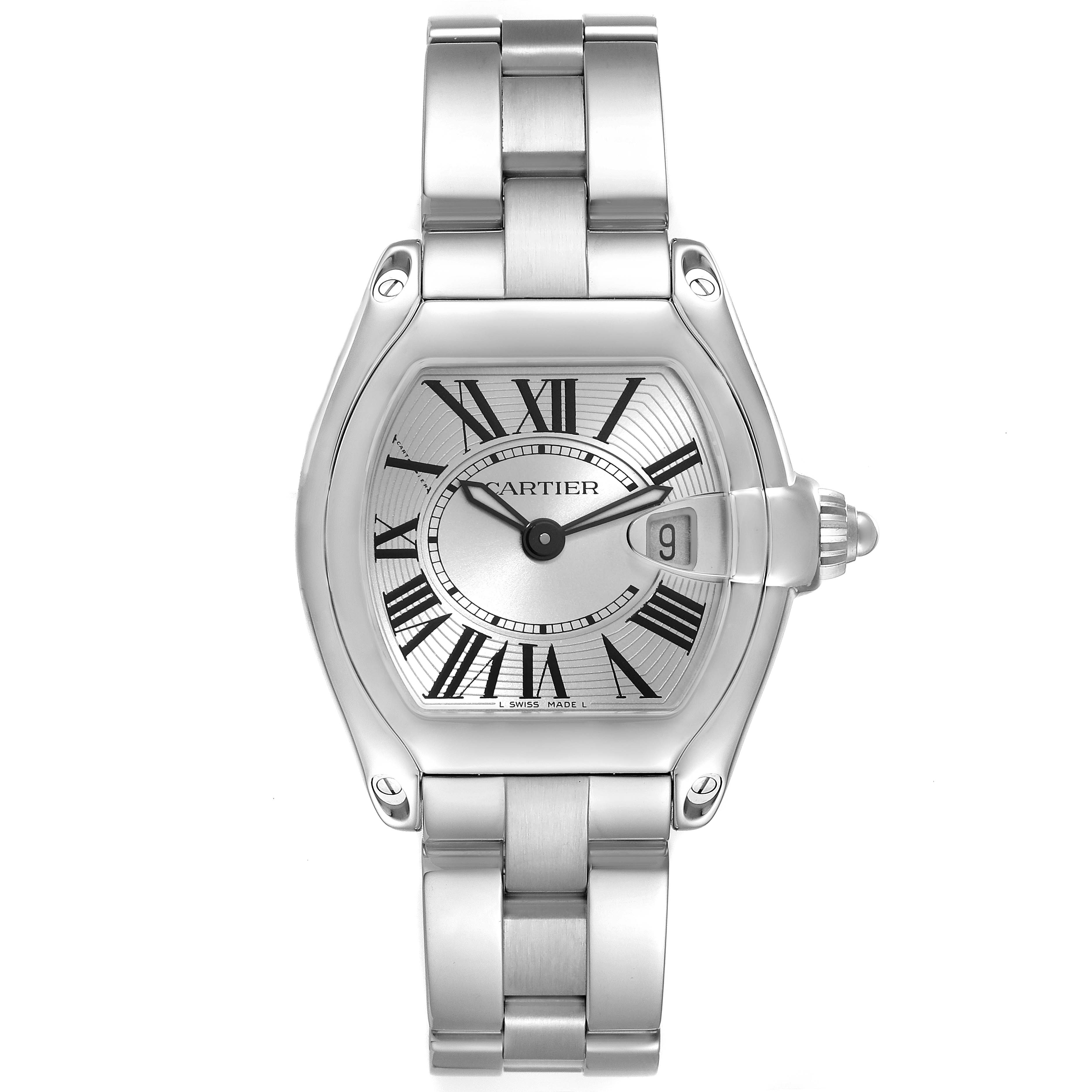 The image shows a front view of the Cartier Roadster W62016V3 Women's Stainless Steel Silver Dial W62016V3 Women's Stainless Steel Silver Dial watch, displaying its face, bracelet, and crown.